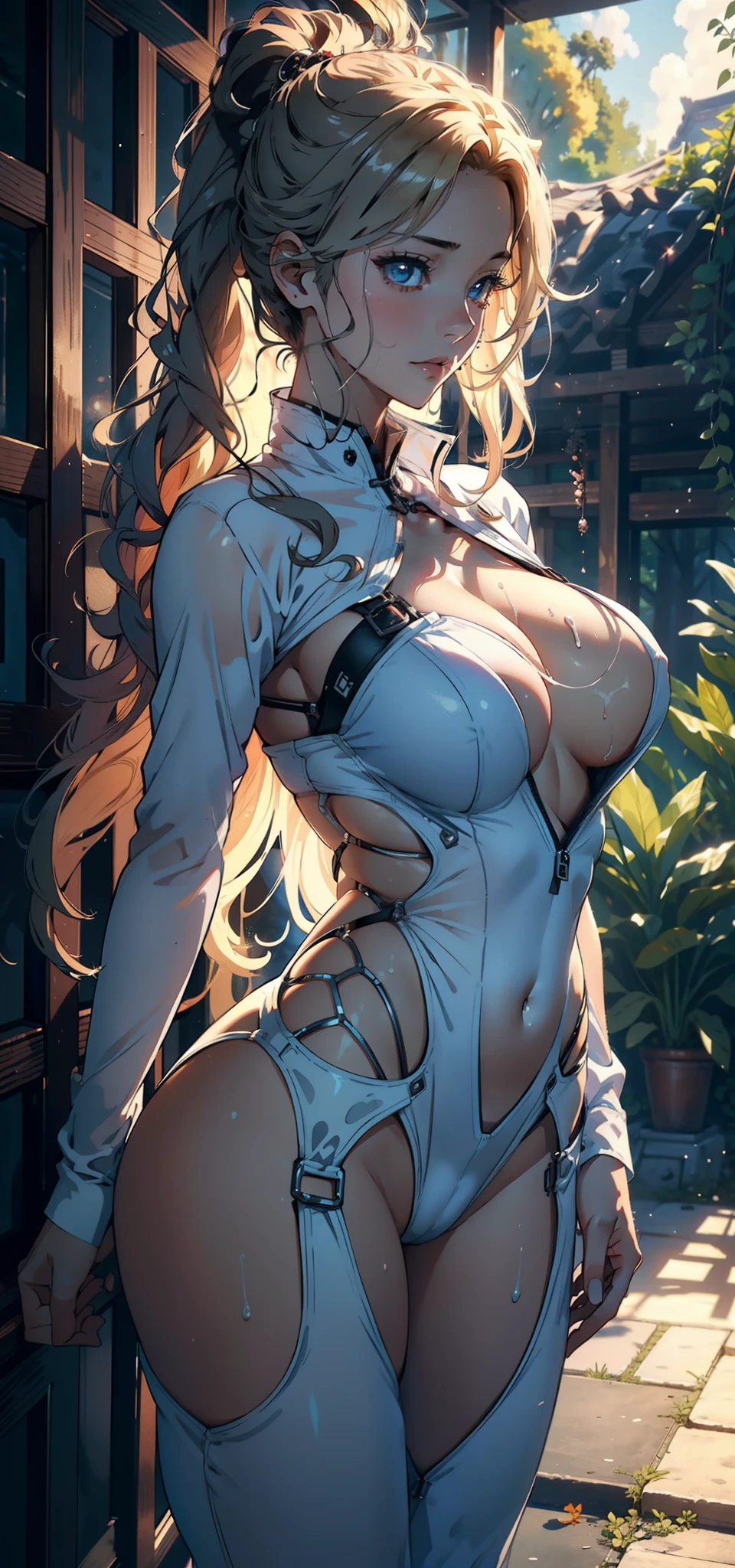 1female,35yo,熟妇,Large breasts,Pornographic exposure, 独奏,(Background with:ln the forest,the rainforest,in summer) She has long blonde hair,Fluttering in the wind,standing on your feet,Sweat profusely,drenched all over the body,seen from the front, curlies, mostly cloudy sky,(((tmasterpiece),(Very detailed CG unity 8K wallpaper),best qualtiy,cinmatic lighting,detailed back ground,beatiful detailed eyes,Bright pupils,blue color eyes,(Very fine and beautiful),(Beautiful and detailed eye description),ultra - detailed,tmasterpiece,)),facing at camera,A high resolution,ultra - detailed),revealing breasts,Bare genitalia, Bulge,Camel toes,Raised sexy,Flushed complexion,Open-mouthed,frontage,girl soldier,(Wearing:White loose shirt,Black jumpsuits,red capelet)nakeness,high-heels,Robotic arm,Court dress