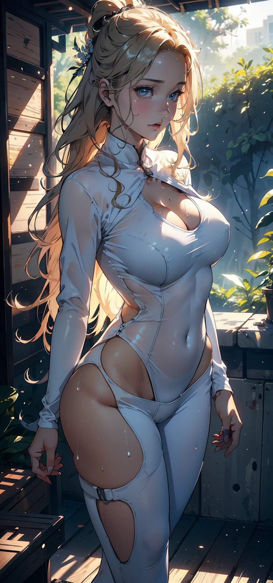 1female，35yo，熟妇，Large breasts，Pornographic exposure， 独奏，（Background with：ln the forest，the rainforest，in summer） She has long blonde hair，Fluttering in the wind，standing on your feet，Sweat profusely，drenched all over the body，seen from the front， curlies， mostly cloudy sky，（（（tmasterpiece），（Very detailed CG unity 8K wallpaper），best qualtiy，cinmatic lighting，detailed back ground，beatiful detailed eyes，Bright pupils，blue color eyes，（Very fine and beautiful），（Beautiful and detailed eye description），ultra - detailed，tmasterpiece，）），facing at camera，A high resolution，ultra - detailed），revealing breasts，Bare genitalia， Bulge，Camel toes，Raised sexy，Flushed complexion，Open-mouthed，frontage，girl soldier，（Wearing：White loose shirt，Black jumpsuits，red capelet）nakeness，high-heels，Robotic arm，Court dress