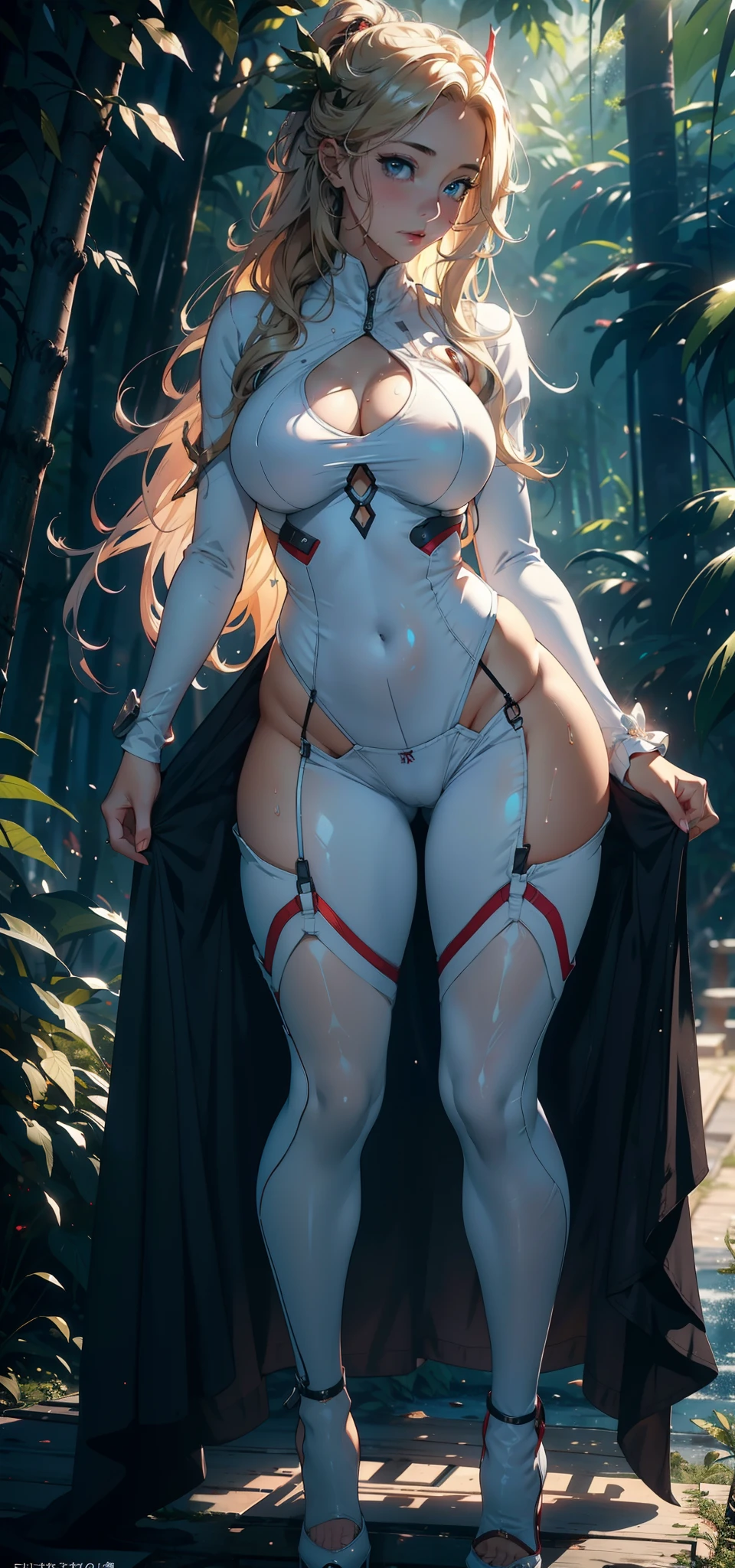 1female,35yo,熟妇,Large breasts,Pornographic exposure, 独奏,(Background with:ln the forest,the rainforest,in summer) She has long blonde hair,Fluttering in the wind,standing on your feet,Sweat profusely,drenched all over the body,seen from the front, curlies, mostly cloudy sky,(((tmasterpiece),(Very detailed CG unity 8K wallpaper),best qualtiy,cinmatic lighting,detailed back ground,beatiful detailed eyes,Bright pupils,blue color eyes,(Very fine and beautiful),(Beautiful and detailed eye description),ultra - detailed,tmasterpiece,)),facing at camera,A high resolution,ultra - detailed),revealing breasts,Bare genitalia, Bulge,Camel toes,Raised sexy,Flushed complexion,Open-mouthed,frontage,girl soldier,(Wearing:White loose shirt,Black jumpsuits,red capelet)nakeness,high-heels,Robotic arm,Court dress