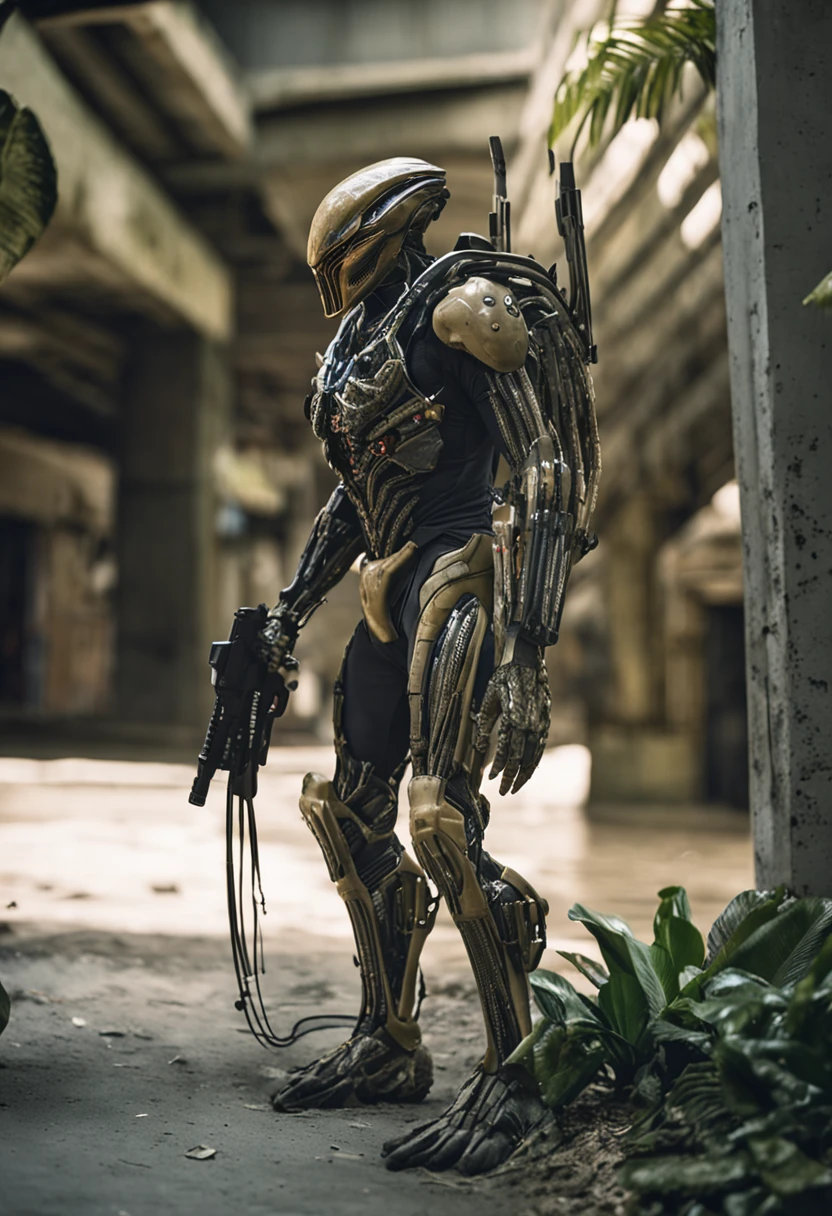 Crie uma imagem realista do predador, The iconic alien hunter from the film franchise "predador". The predator is an intimidating and formidable creature, com aproximadamente 2,5 metros de altura. Their skin is a greyish-green hue and has scaly features, rough textures that blend in with the environment.

He wears intricate technological armor, that combines organic elements with advanced technology. Sua armadura tem placas de metal adornadas com detalhes esculpidos, cobrindo seu peito, ombros, arms and legs. A cloak made of a tenuous material flows behind him, Adding a dramatic twist.

The Predator's face is an intriguing fusion of alien biology and biomechanical implants. Your V-shaped jaw can open to reveal rows of sharps, dentes carnosos. Seus olhos brilham em tons inquietantes de amarelo e vermelho, emitindo uma aura sinistra. A ridge of bones extends over his head, giving it a majestic appearance.

Equipped for hunting, o predador carrega uma variedade de armas impressionantes. A curved blade is attached to your arm, pronta para ser desembainhada em um instante. A tech backpack fits on your back, fornecendo energia para seus equipamentos. In one hand, Maintains its characteristic plasma cannon, capable of firing projectiles of devastating energy.

A imagem deve retratar o predador em uma pose que exiba sua natureza feroz e determinada. Dramatic lighting should highlight skin textures, a complexidade da armadura e a intensidade dos olhos. The background environment should suggest the dense and enigmatic jungle from which the predator often emerges to hunt its prey.

Be sure to capture the imposing and legendary essence of the predator, a skilled and feared hunter who has captivated audiences over the years.