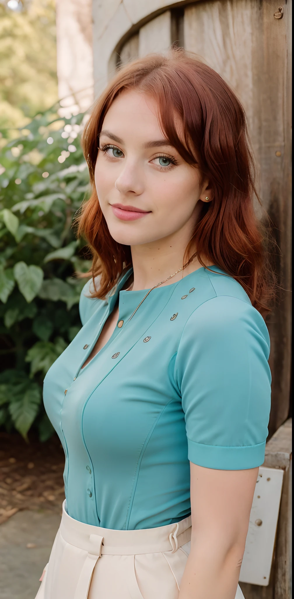 1 woman ((upper body selfie, Happy)), with Heterochromia (One Blue and One Green Eye) ((18 Years)), ((Extremely Intense and Detailed Skin)), 16K, masterpiece, best quality, ultra-detailed, 1960s Era Landscape, Authentic Vintage Attire, ((intricate Detailed Reddish Hair)), Nostalgic Expression, Period-appropriate Atmosphere, Vintage Selfie Moment, Charming Smiles, Iconic Surroundings, Retro Aesthetic, Timeless Beauty, Authentic Representation of the 1960s, Stylish Outfit, Time-Tested Clothing, Vintage Charm, Era-specific Cultural Elements, Captivating Scenery, Vintage Lighting, Crisp Details, Realistic Textures, Meticulous Historical Accuracy, Subtle Color Grading, Artistic Excellence, Nostalgic Beautyshadows, contrast, clear sky, style, (warm hue, warm tone:1.2), cinematic light, sidelighting, ultra high resolution, best shadow, RAW, Canon EOS 5D Mark IV Cam ,upper