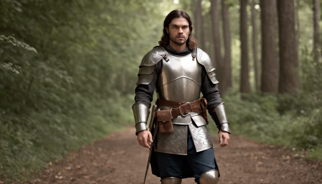 (Professional 3D rendering:1.3) de (Realistic:1.3) Foto de arte mais bonita do mundo, full-length, young medieval soldier, without helm, 30 years old, wears traditional armer, Angry soldier, long hair, short beard and fierce expression in dynamic pose, Location walking on a forest road at night, fantastical, majestoso ambiente noturno, lua aparecendo, big trees, uma grande pedra de 50 quilos no meio da estrada, )), Muscular Build, Leather Armor with Celtic Symbol Engravings, Procreate, studio quality, professional, realistic, photo, 8k, ISO 80, depth of field, soft focus, vignetting,whimsical, detailed