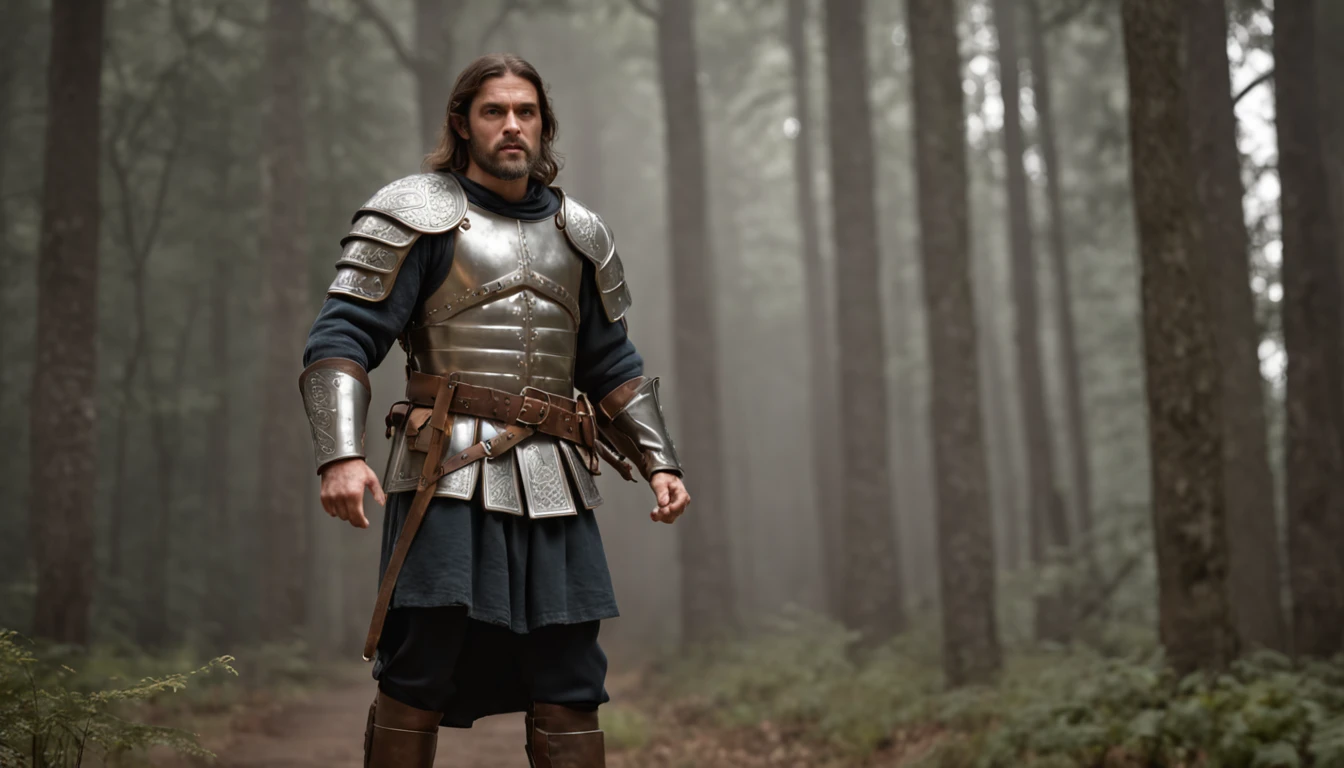 (Professional 3D rendering:1.3) de (Realistic:1.3) Foto de arte mais bonita do mundo, full-length, young medieval soldier, without helm, 30 years old, wears traditional armer, Angry soldier, long hair, short beard and fierce expression in dynamic pose, Location walking on a forest road at night, fantastical, majestoso ambiente noturno, lua aparecendo, big trees, uma grande pedra de 50 quilos no meio da estrada, )), Muscular Build, Leather Armor with Celtic Symbol Engravings, Procreate, studio quality, professional, realistic, photo, 8k, ISO 80, depth of field, soft focus, vignetting,whimsical, detailed