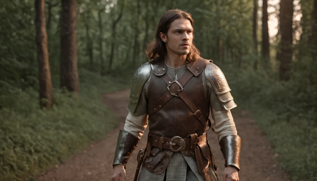 (Professional 3D rendering:1.3) de (Realistic:1.3) Foto de arte mais bonita do mundo, full-length, young medieval soldier, without helm, 30 years old, wears traditional armer, Angry soldier, long hair, short beard and fierce expression in dynamic pose, Location walking on a forest road at night, fantastical, majestoso ambiente noturno, lua aparecendo, big trees, uma grande pedra de 50 quilos no meio da estrada, )), Muscular Build, Leather Armor with Celtic Symbol Engravings, Procreate, studio quality, professional, realistic, photo, 8k, ISO 80, depth of field, soft focus, vignetting,whimsical, detailed