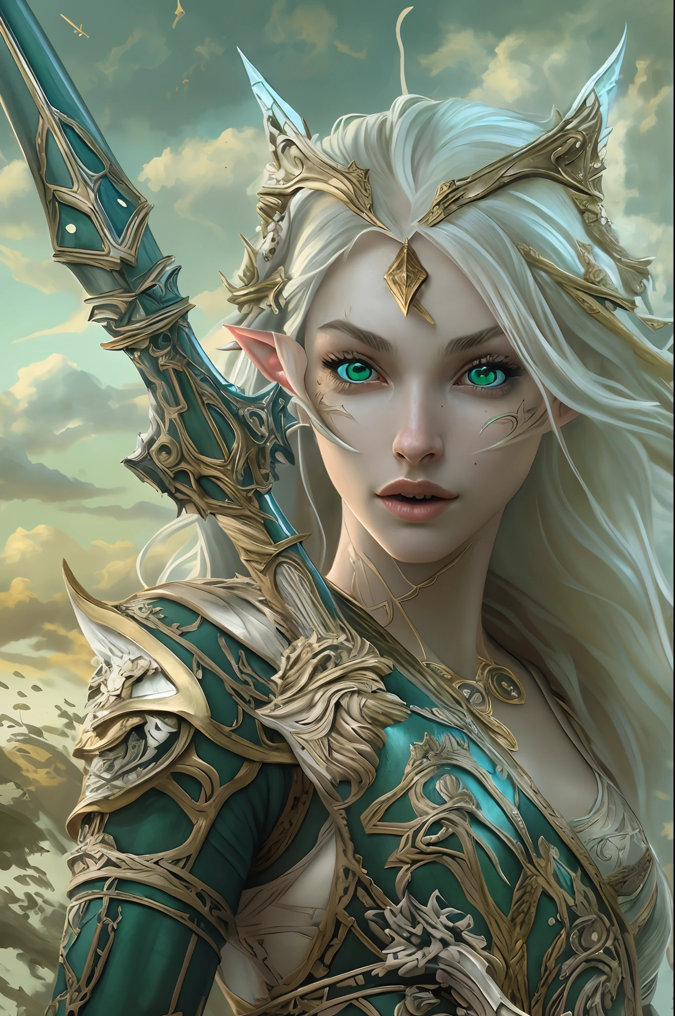 high details, best quality, 8k, [ultra detailed], masterpiece, best quality, (extremely detailed), dynamic angle, ultra wide shot, RAW, photorealistic, fantasy art, dnd art, rpg art, realistic art, a wide angle picture of an epic female elf , anatomically correct a picture of an elf knight, elf warrior, elite warrior, ready for battle (intense details, Masterpiece, best quality: 1.5), female elf (intense details, Masterpiece, best quality: 1.5), ultra detailed face, ultra feminine, fair skin, exquisite beauty, gold hair, long hair, wavy hair, small pointed ears, dynamic eyes color, wearing heavy elven armor, shinning metal, armed with elven sword fantasysword sword, standing near a unicorn, green meadows, blue skies background and some clouds background depth of field (intricate details, Masterpiece, best quality: 1.5), dynamic angle, (intricate details, Masterpiece, best quality: 1.5), high details, best quality, highres, ultra wide angle