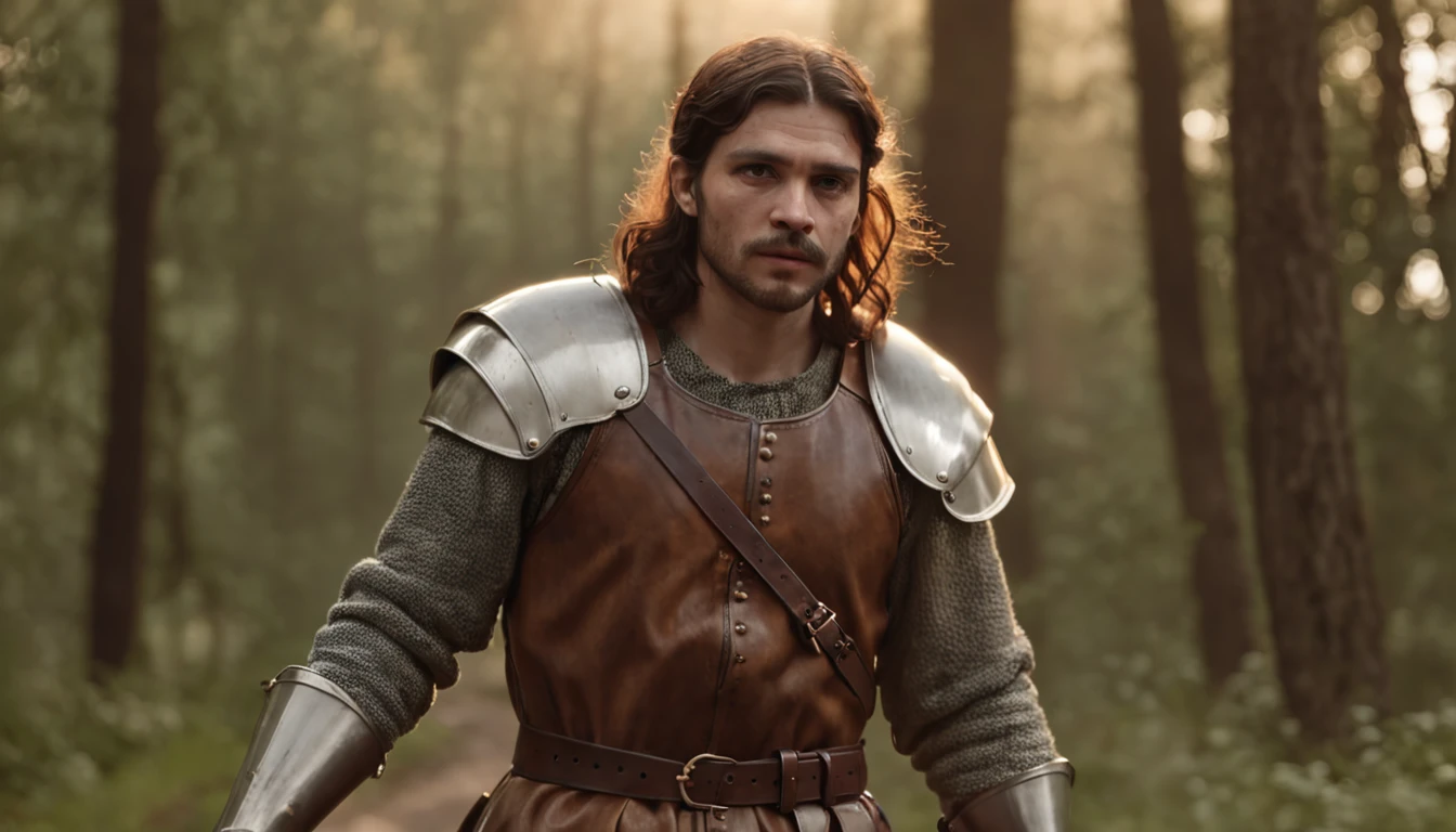 (Professional 3D rendering:1.3) de (Realistic:1.3) Foto de arte mais bonita do mundo, Apresenta jovem soldado medieval, 30 anos de idade, masculino, suaves e brilhantes, ((Epic hero without helmet, armadura medieval, Angry soldier, long hair, short beard and fierce expression in dynamic pose, Location walking on a forest road at night, fantastical, majestoso ambiente noturno, lua aparecendo, big trees, uma grande pedra de 50 quilos no meio da estrada, )), corpo inteiro 8k unidade render, action shot, poros da pele, very dark lighting, sombreamento pesado, circunstanciado, Rosto detalhado, (vibrante, fotogrdeia realista, Realistic, Dramatic, Escuro, foco nítido, 8k), (Old leather clothes damaged by bad weather:1.4), ((((Use peles)))), (intrincado:1.4), decadente, (altamente detalhado:1.4), pintura digital, rendering by octane, art stations, Conceito-Arte, liso, foco nítido, illustration, germe da arte, (Loish:0.23), Wlop Ilya Kuvshinov, e Greg Rutkowski e Alphonse Mucha Gracias, (global ilumination, studiolight, Light Volumetric), chuva forte, floating particles, patife, fantasia, Onze, corpo inteiroesbian, ((Fundo escuro e antigo da cidade:1.3)),CGSesociedade,art stations