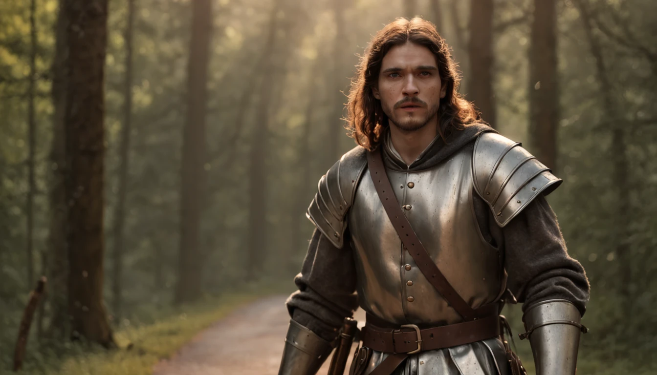 (Professional 3D rendering:1.3) de (Realistic:1.3) Foto de arte mais bonita do mundo, Apresenta jovem soldado medieval, 30 anos de idade, masculino, suaves e brilhantes, ((Epic hero without helmet, armadura medieval, Angry soldier, long hair, short beard and fierce expression in dynamic pose, Location walking on a forest road at night, fantastical, majestoso ambiente noturno, lua aparecendo, big trees, uma grande pedra de 50 quilos no meio da estrada, )), corpo inteiro 8k unidade render, action shot, poros da pele, very dark lighting, sombreamento pesado, circunstanciado, Rosto detalhado, (vibrante, fotogrdeia realista, Realistic, Dramatic, Escuro, foco nítido, 8k), (Old leather clothes damaged by bad weather:1.4), ((((Use peles)))), (intrincado:1.4), decadente, (altamente detalhado:1.4), pintura digital, rendering by octane, art stations, Conceito-Arte, liso, foco nítido, illustration, germe da arte, (Loish:0.23), Wlop Ilya Kuvshinov, e Greg Rutkowski e Alphonse Mucha Gracias, (global ilumination, studiolight, Light Volumetric), chuva forte, floating particles, patife, fantasia, Onze, corpo inteiroesbian, ((Fundo escuro e antigo da cidade:1.3)),CGSesociedade,art stations