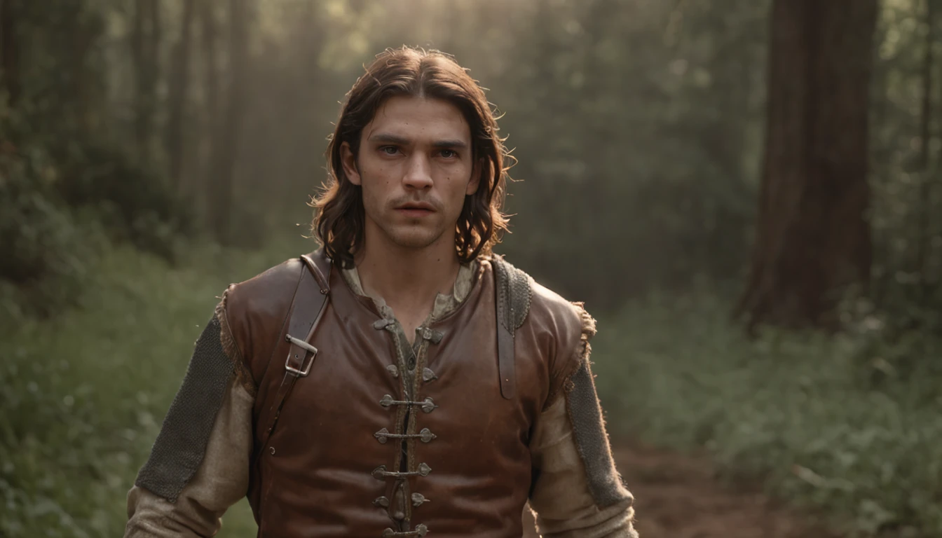 (Professional 3D rendering:1.3) de (Realistic:1.3) Foto de arte mais bonita do mundo, Apresenta jovem soldado medieval, 30 anos de idade, masculino, suaves e brilhantes, ((Epic hero without helmet, armadura medieval, Angry soldier, long hair, short beard and fierce expression in dynamic pose, Location walking on a forest road at night, fantastical, majestoso ambiente noturno, lua aparecendo, big trees, uma grande pedra de 50 quilos no meio da estrada, )), corpo inteiro 8k unidade render, action shot, poros da pele, very dark lighting, sombreamento pesado, circunstanciado, Rosto detalhado, (vibrante, fotogrdeia realista, Realistic, Dramatic, Escuro, foco nítido, 8k), (Old leather clothes damaged by bad weather:1.4), ((((Use peles)))), (intrincado:1.4), decadente, (altamente detalhado:1.4), pintura digital, rendering by octane, art stations, Conceito-Arte, liso, foco nítido, illustration, germe da arte, (Loish:0.23), Wlop Ilya Kuvshinov, e Greg Rutkowski e Alphonse Mucha Gracias, (global ilumination, studiolight, Light Volumetric), chuva forte, floating particles, patife, fantasia, Onze, corpo inteiroesbian, ((Fundo escuro e antigo da cidade:1.3)),CGSesociedade,art stations