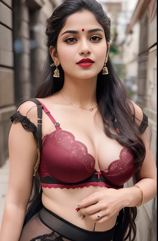 An Indian women of 25yo, big boobs, wearing red bra, pale glowing skin, long hair, dark red lips, beautiful face, curves body, sexy figure, glowing white skin, Indian model model