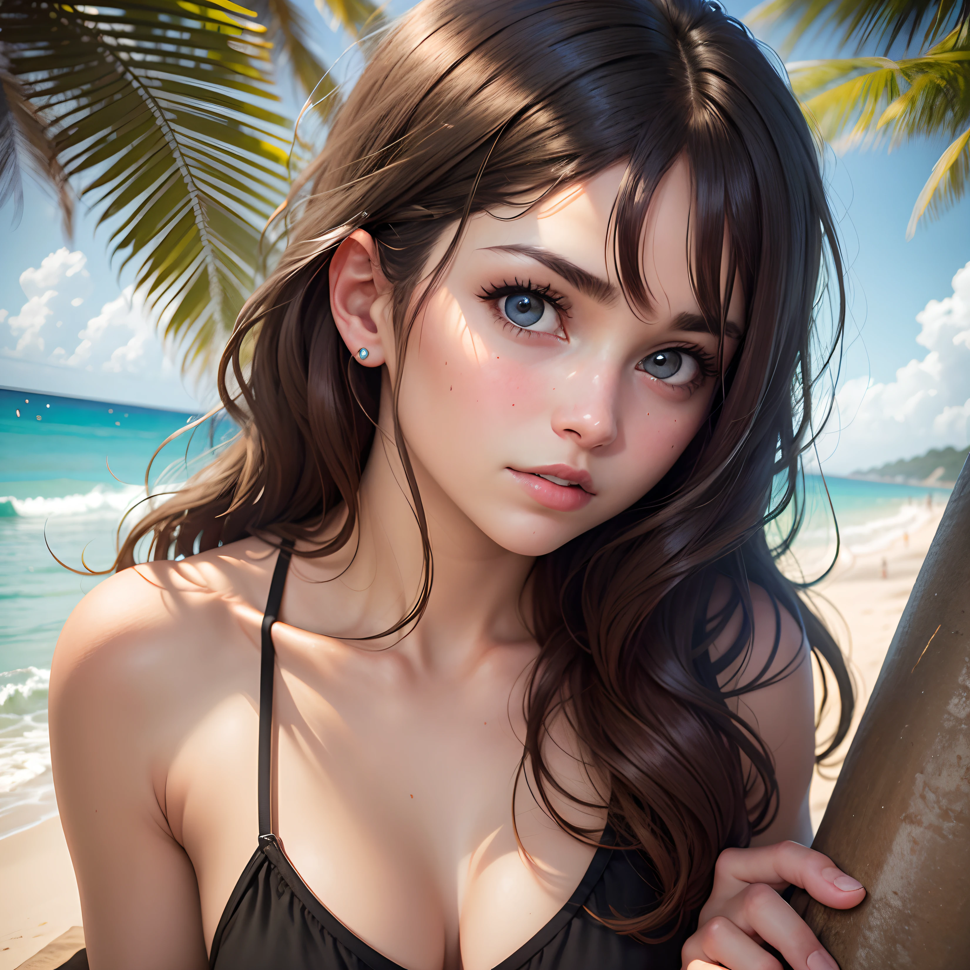 Face of 20 year old woman, looking at me on the beach , dark bronze hair, eyes that seem to suck in