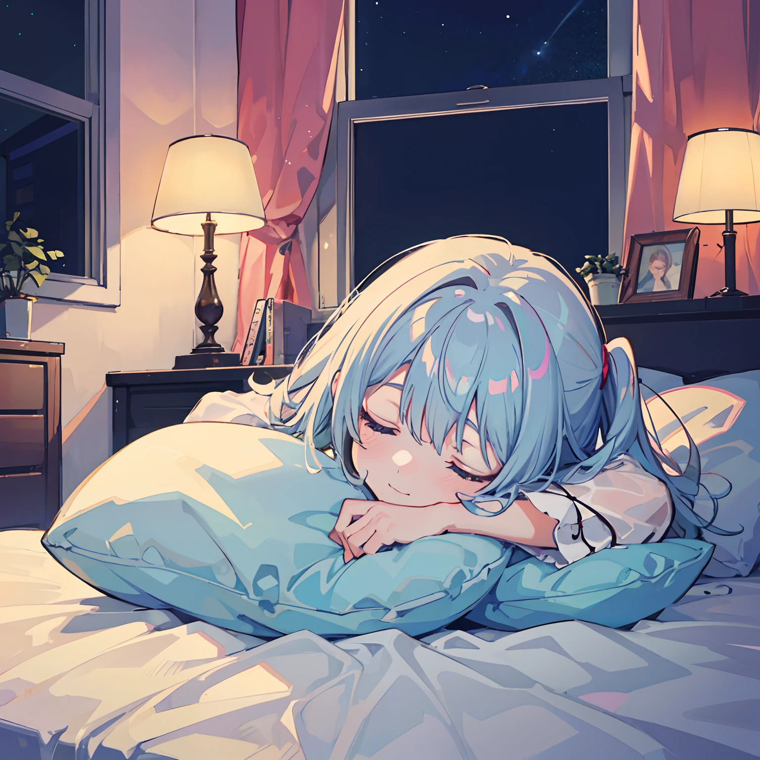 Rabbit-eared girl s asleep Happy sleeping face In the bed inside in room by night murky