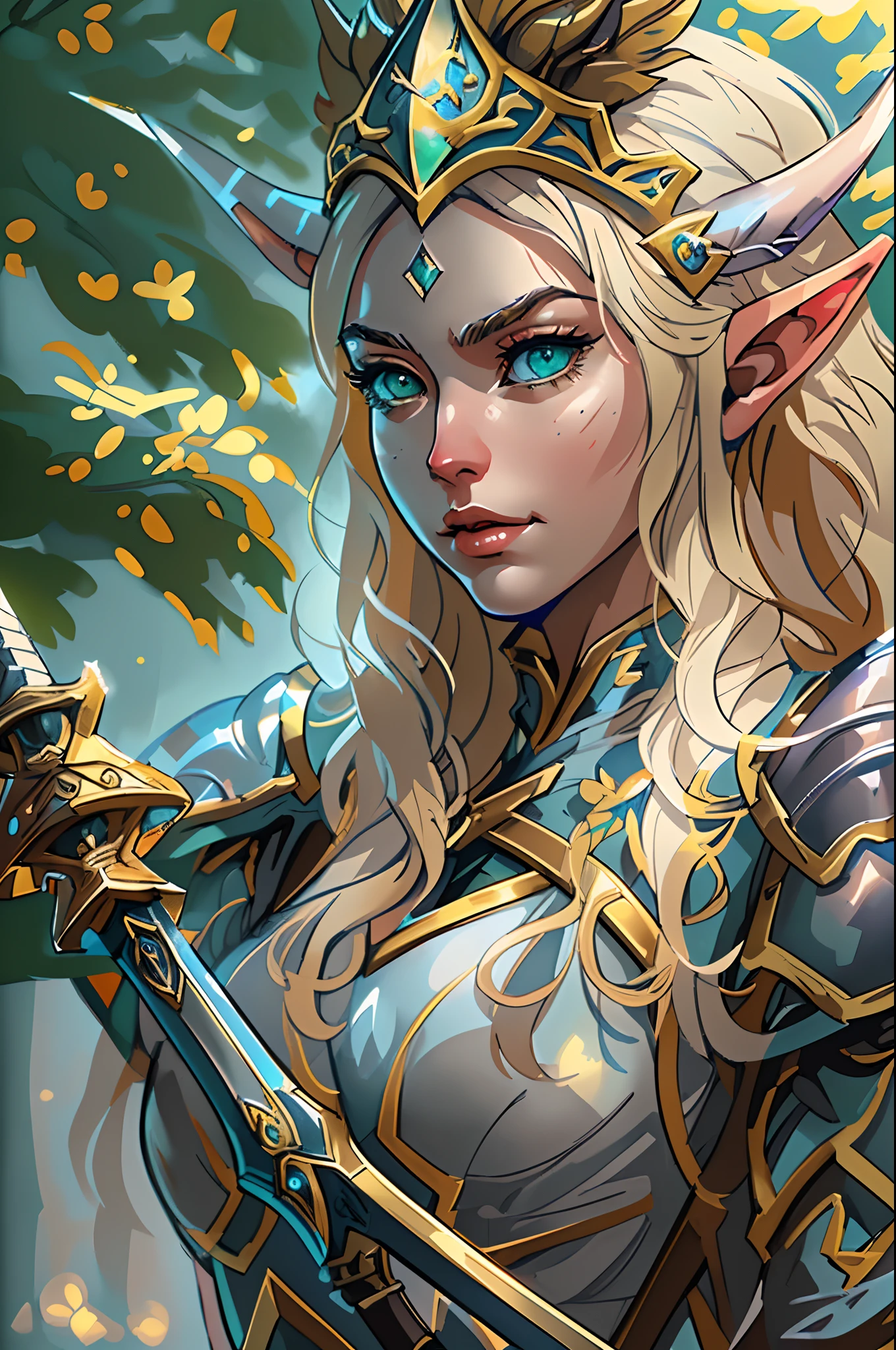high details, best quality, 8k, [ultra detailed], masterpiece, best quality, (extremely detailed), dynamic angle, ultra wide shot, photorealistic, fantasy art, dnd art, rpg art, realistic art, a wide angle, (((anatomically correct)))  a picture of an elf knight, elf warrior, elite warrior, ready for battle (intense details, Masterpiece, best quality: 1.5), female elf  (intense details, Masterpiece, best quality: 1.5), ultra detailed face, ultra feminine, fair skin, exquisite beauty, gold hair, long hair, wavy hair, small pointed ears, dynamic eyes color, wearing heavy elven armor LnF, shinning metal, armed with elven sword fantasysword sword, standing near a unicorn, green meadows, blue skies background and some clouds background depth of field (intricate details, Masterpiece, best quality: 1.5), dynamic angle, (intricate details, Masterpiece, best quality: 1.5), high details, best quality, highres, ultra wide angle
