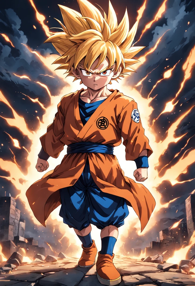 turned into super Sayajin , com roupas do Goku , (( imagem sem deformidades )) , Scenario with destruction , Body with childish pattern , olhar fixo , melhor qualidade , best resolution , obra prima