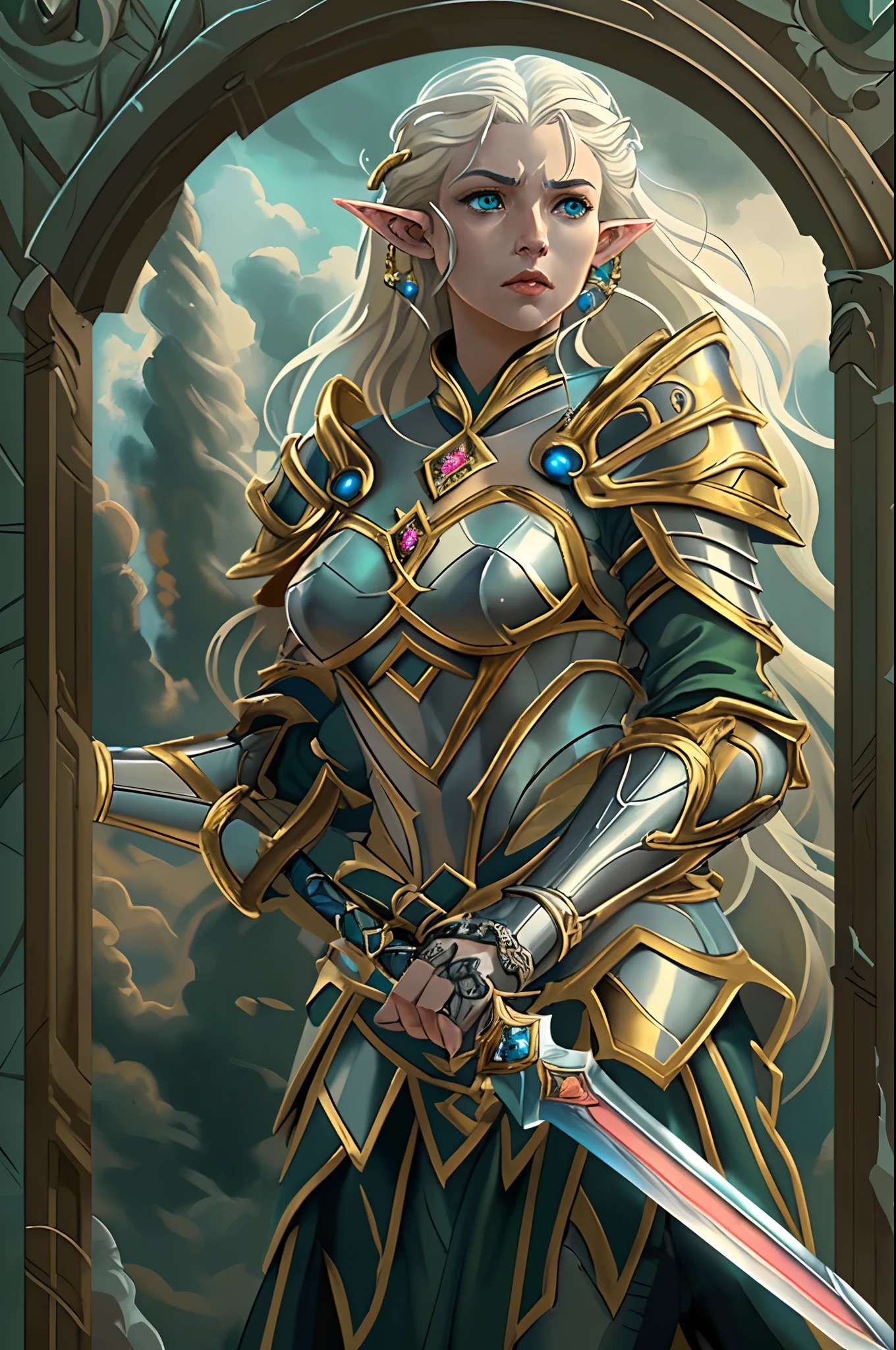 high details, best quality, 8k, [ultra detailed], masterpiece, best quality, (extremely detailed), dynamic angle, ultra wide shot, RAW, photorealistic, fantasy art, dnd art, rpg art, realistic art, a wide angle picture of an epic female elf , anatomically correct a picture of an elf knight, elf warrior, elite warrior, ready for battle (intense details, Masterpiece, best quality: 1.5), female elf (intense details, Masterpiece, best quality: 1.5), ultra detailed face, ultra feminine, fair skin, exquisite beauty, gold hair, long hair, wavy hair, small pointed ears, dynamic eyes color, wearing heavy elven armor, shinning metal, armed with elven sword fantasysword sword, standing near a unicorn, green meadows, blue skies background and some clouds background depth of field (intricate details, Masterpiece, best quality: 1.5), dynamic angle, (intricate details, Masterpiece, best quality: 1.5), high details, best quality, highres, ultra wide angle