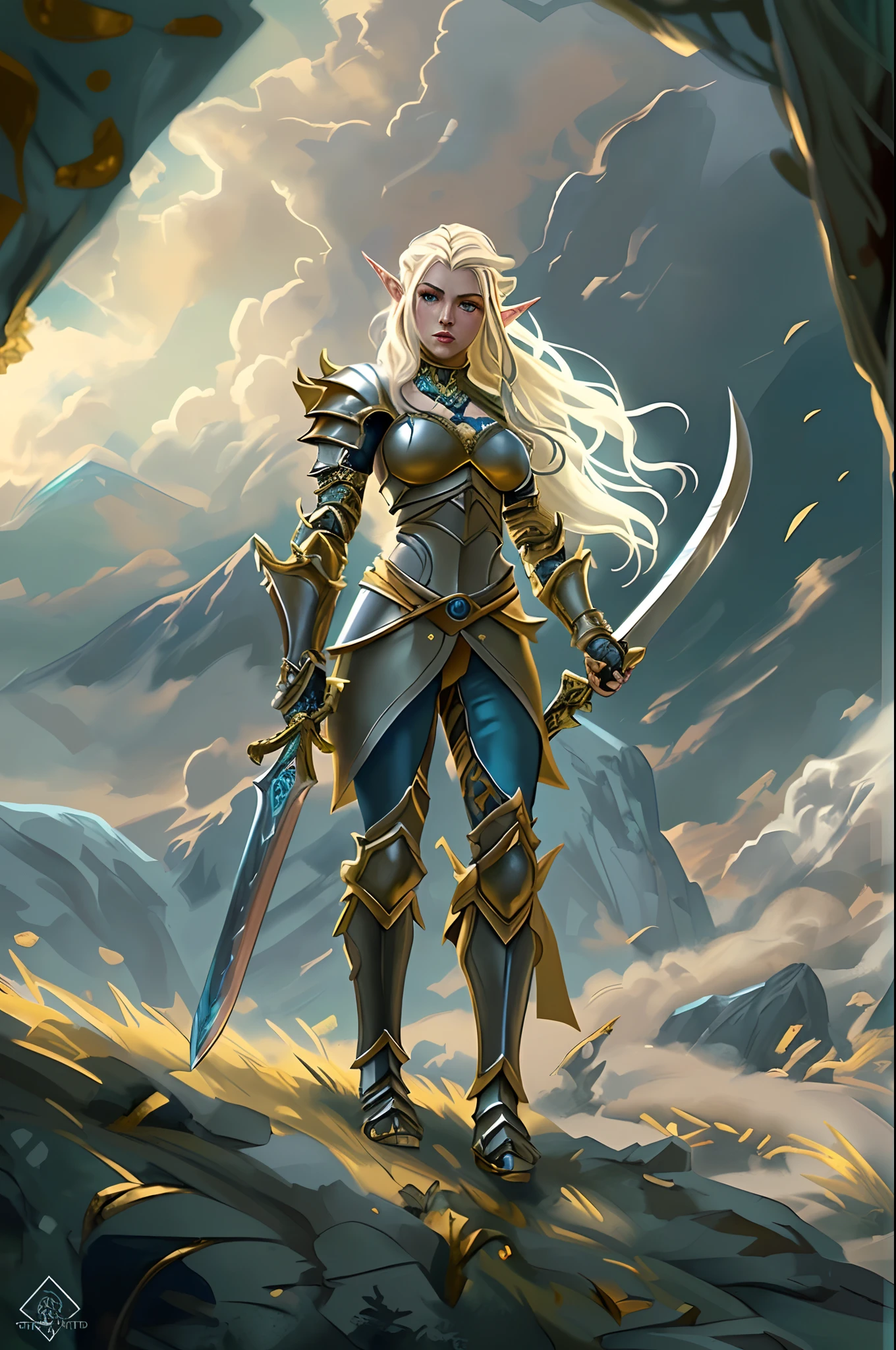 high details, best quality, 8k, [ultra detailed], masterpiece, best quality, (extremely detailed), dynamic angle, ultra wide shot, RAW, photorealistic, fantasy art, dnd art, rpg art, realistic art, a wide angle picture of an epic female elf , anatomically correct a picture of an elf knight, elf warrior, elite warrior, ready for battle (intense details, Masterpiece, best quality: 1.5), female elf (intense details, Masterpiece, best quality: 1.5), ultra detailed face, ultra feminine, fair skin, exquisite beauty, gold hair, long hair, wavy hair, small pointed ears, dynamic eyes color, wearing heavy elven armor, shinning metal, armed with elven sword fantasysword sword, standing near a unicorn, green meadows, blue skies background and some clouds background depth of field (intricate details, Masterpiece, best quality: 1.5), dynamic angle, (intricate details, Masterpiece, best quality: 1.5), high details, best quality, highres, ultra wide angle