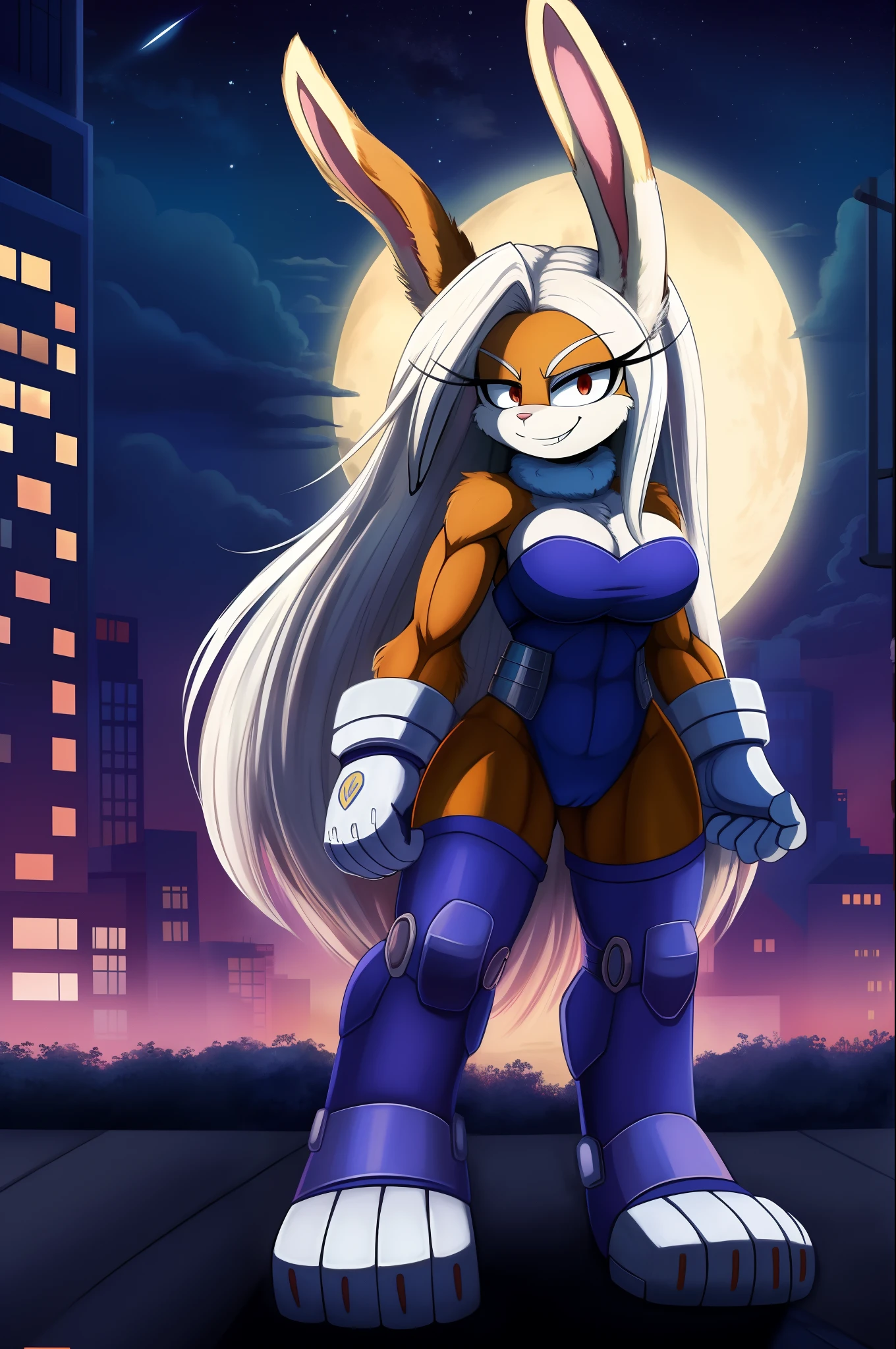 scan, (extremely detailed CG unity 8k wallpaper:1.1), highres, ambient light, (1girl), mirkomha, boku no hero academia, rabbit ears, ((dark-skinned female)), ((dark skin)), red eyes, sleeveless, white gloves, highleg leotard, (white hair, long hair), large breasts, fur collar, purple thighhighs, white leotard, city, night, looking at viewer, smirk, best quality, masterpiece, solo, 1girl, bunnierabbot, furry female anthro, rabbit girl, cyborg, pink strapless leotard, standing, full body, solo, (body fur:1.2), (best quality), (nature background:1.2), medium breasts, diffuse lighting, (detailed fluffy fur:1.1), smile, hand gesture, (white gloves:0.9),