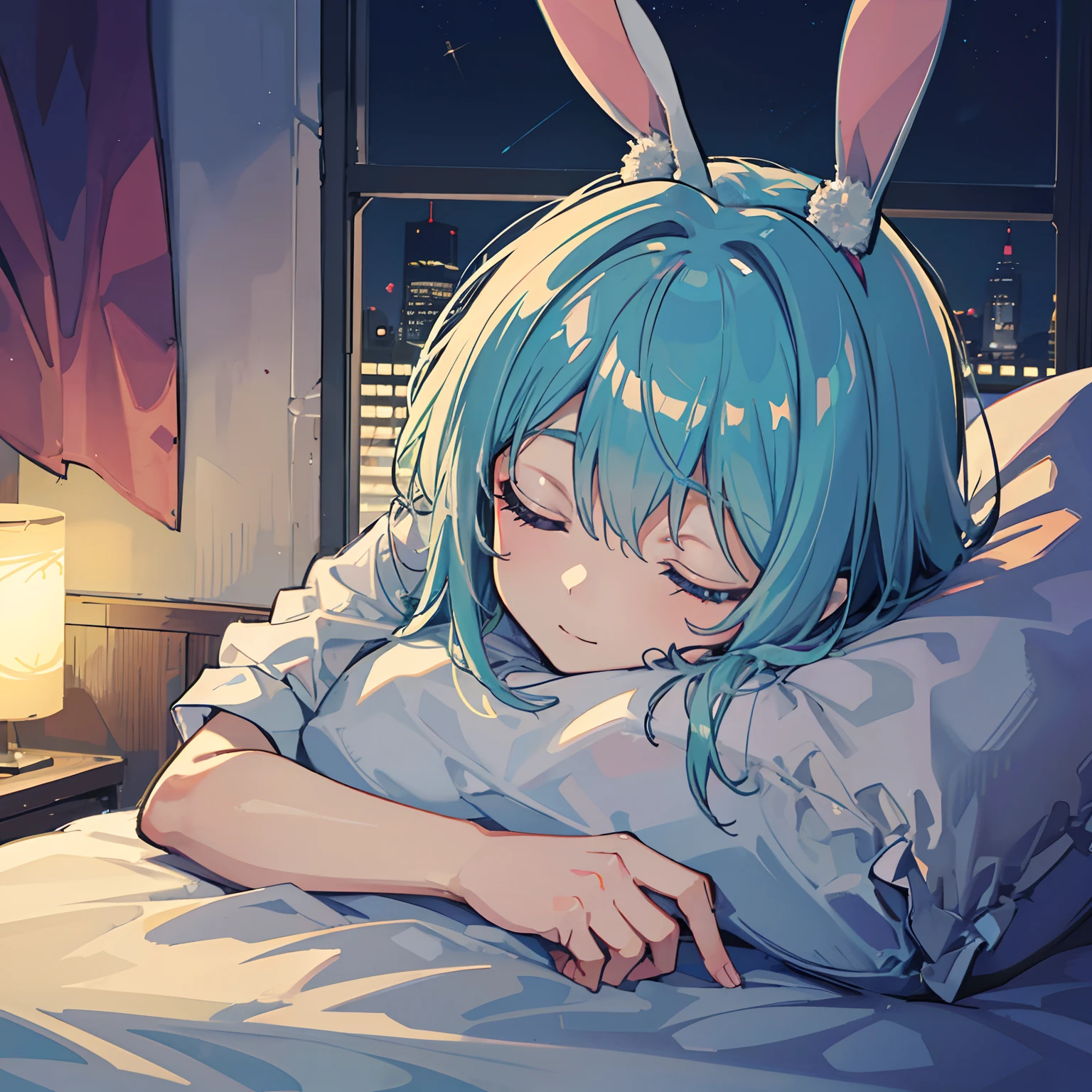 Rabbit-eared girl　s asleep　Happy sleeping face　In the bed　inside in room　by night　murky