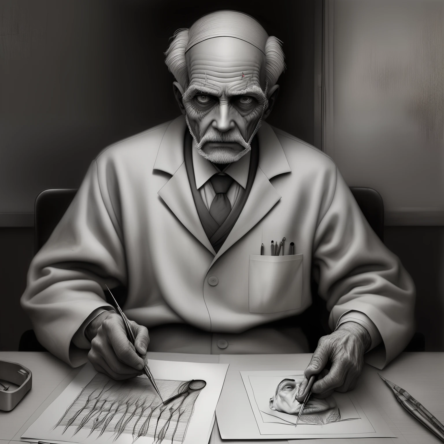 Old man, surgeon, surgeon's suit, needle in hand, scary, in a clinic, black and white drawing, charcoal, made in charcoal pencil
