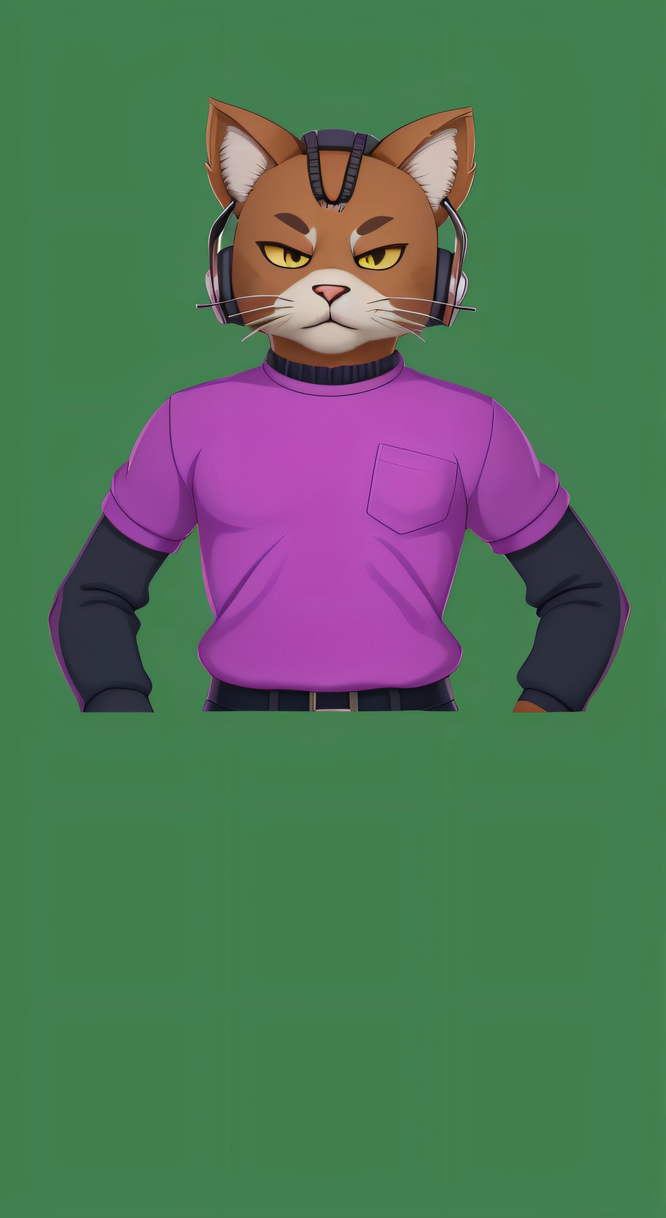 There's a cat with headphones and a purple shirt, generic furry style, Retrato de personagem peludo, Fursona usando roupas estilosas, personagem peludo, bonito weasel fursona retrato, um gato antro, fursona furry art commission, retrato de corpo inteiro, sem texto, Rabbt_character, estilo varguyart, Retrato de corpo inteiro do personagem, retrato de personagem de corpo inteiro