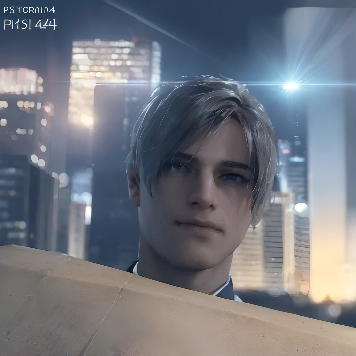 Close-up of a man in a suit and tie with a city in the background, Devenez humain, In Detroit : Devenez humain, Next Generation Graphics, PS4 in - Game cinematics, Ultra-detailed cinematics, Cognitohazard, personnage masculin, male with halo, In-game cinematics, cinematic realistic portrait, PS5 cinematic screenshot, video game cutscene