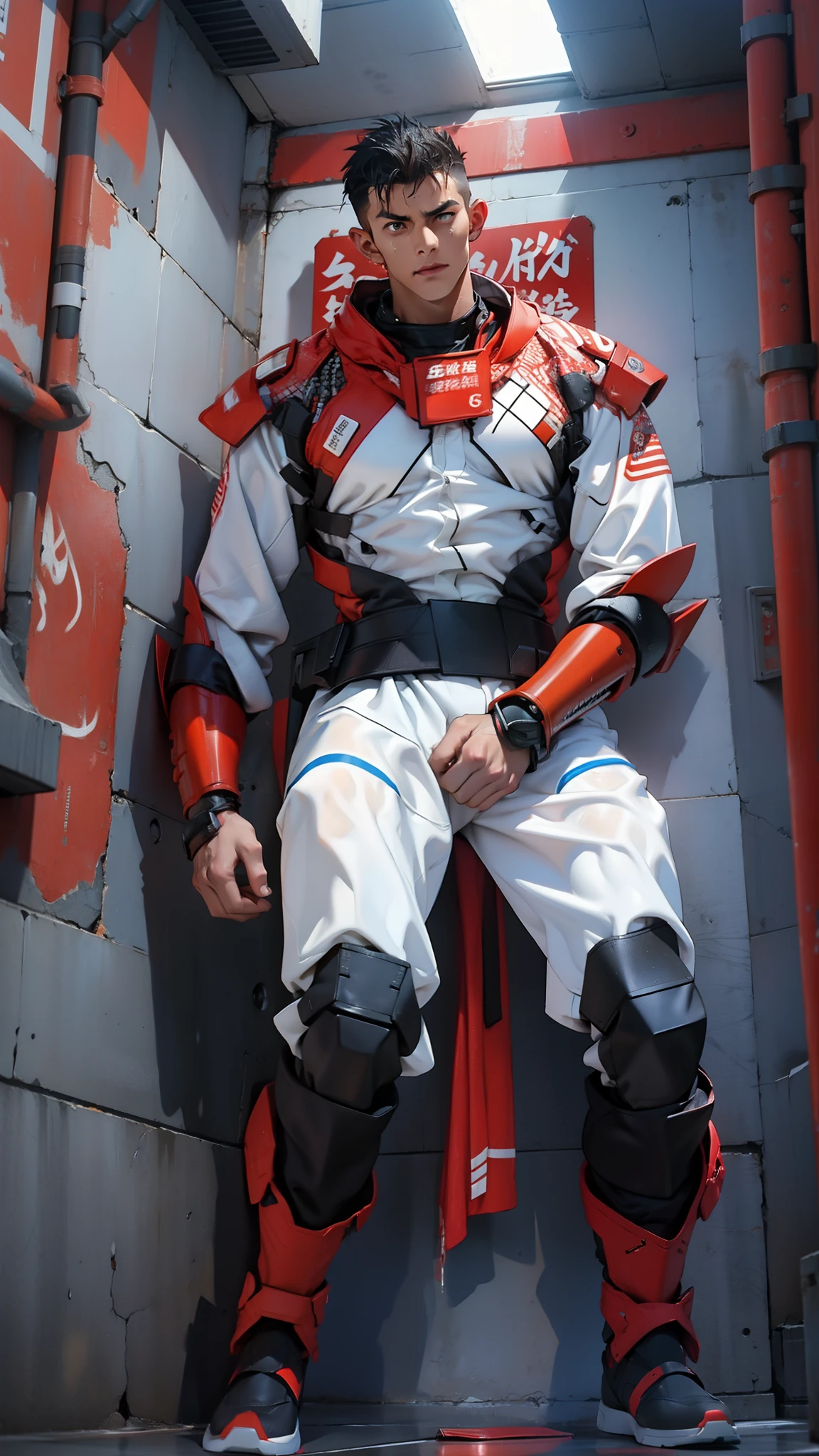 A tall muscular boy , Naked , Legs spread , (The whole body of the character),impact , Sweaty , Wet , Seductive , Bigboobs , large bulge , big balls ,, From the knees , big assa,mechs,punky style