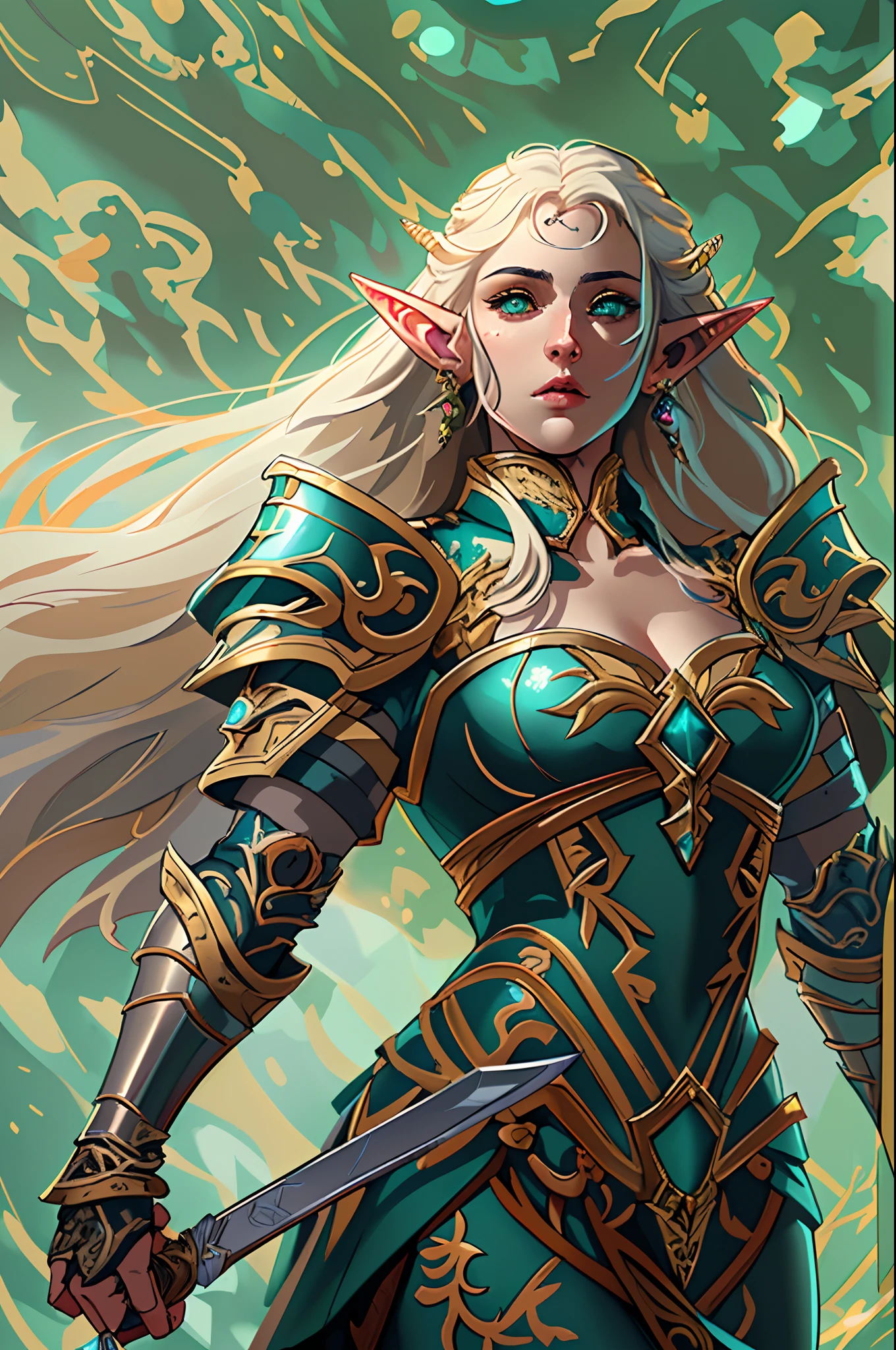 high details, best quality, 8k, [ultra detailed], masterpiece, best quality, (extremely detailed), dynamic angle, ultra wide shot, photorealistic, fantasy art, dnd art, rpg art, realistic art, a wide angle, (((anatomically correct)))  a picture of an elf knight, elf warrior, elite warrior, ready for battle (intense details, Masterpiece, best quality: 1.5), female elf  (intense details, Masterpiece, best quality: 1.5), ultra detailed face, ultra feminine, fair skin, exquisite beauty, gold hair, long hair, wavy hair, small pointed ears, dynamic eyes color, wearing heavy elven armor LnF, shinning metal, armed with elven sword fantasysword sword, standing near a unicorn, green meadows, blue skies background and some clouds background depth of field (intricate details, Masterpiece, best quality: 1.5), dynamic angle, (intricate details, Masterpiece, best quality: 1.5), high details, best quality, highres, ultra wide angle