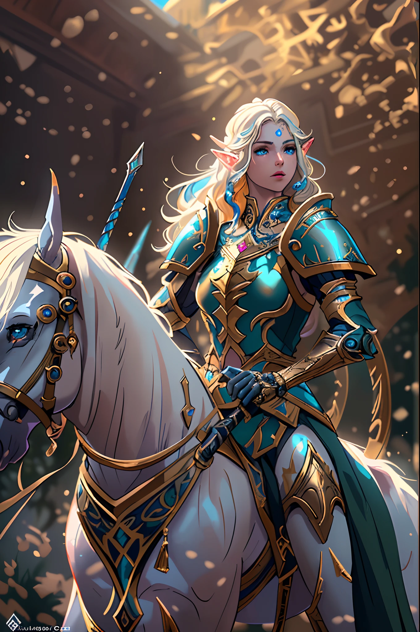 high details, best quality, 8k, [ultra detailed], masterpiece, best quality, (extremely detailed), dynamic angle, ultra wide shot, photorealistic, fantasy art, dnd art, rpg art, realistic art, a wide angle, (((anatomically correct)))  a picture of an elf knight, elf warrior, elite warrior, ready for battle (intense details, Masterpiece, best quality: 1.5), female elf  (intense details, Masterpiece, best quality: 1.5), ultra detailed face, ultra feminine, fair skin, exquisite beauty, gold hair, long hair, wavy hair, small pointed ears, dynamic eyes color, wearing heavy elven armor LnF, shinning metal, armed with elven sword fantasysword sword, standing near a unicorn, green meadows, blue skies background and some clouds background depth of field (intricate details, Masterpiece, best quality: 1.5), dynamic angle, (intricate details, Masterpiece, best quality: 1.5), high details, best quality, highres, ultra wide angle