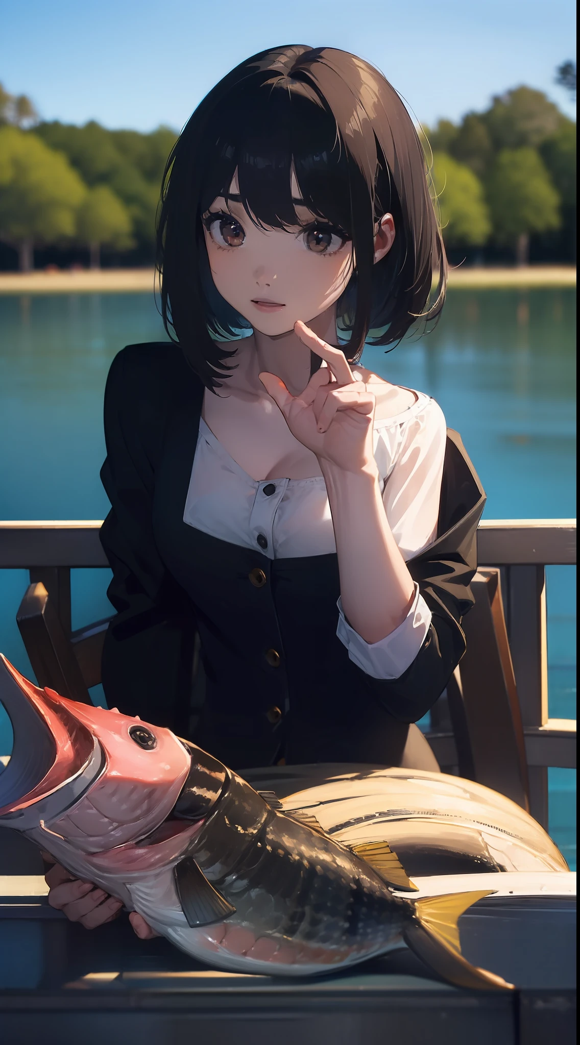 ((((Catch a big black bass by the lake:1.5)))),((1 female 22 years old))((Best Quality, masutepiece :1.5)),(((Hands with the correct number and structure of fingers:1.4))),hight resolution,ultra-detailliert,masterpiece,best qualtiy,Short bob hair,Black hair, long eyeslashes, Solid Circle Eyes, drop shadow, Atmospheric perspective,Super Detail, ccurate, small brest,(Black jacket :1.1),top-quality, blurry backround, bokeh dof:1.2, (masterpiece:1.3), Atmospheric perspective,Super Detail,dynamic compositions,High-resolution image quality、top-quality、masterpiece、extremely delicate and beautiful illustration、extremely details CG、(Buzz with PXIV:1.37)、astonishing、finely detail、masterpiece