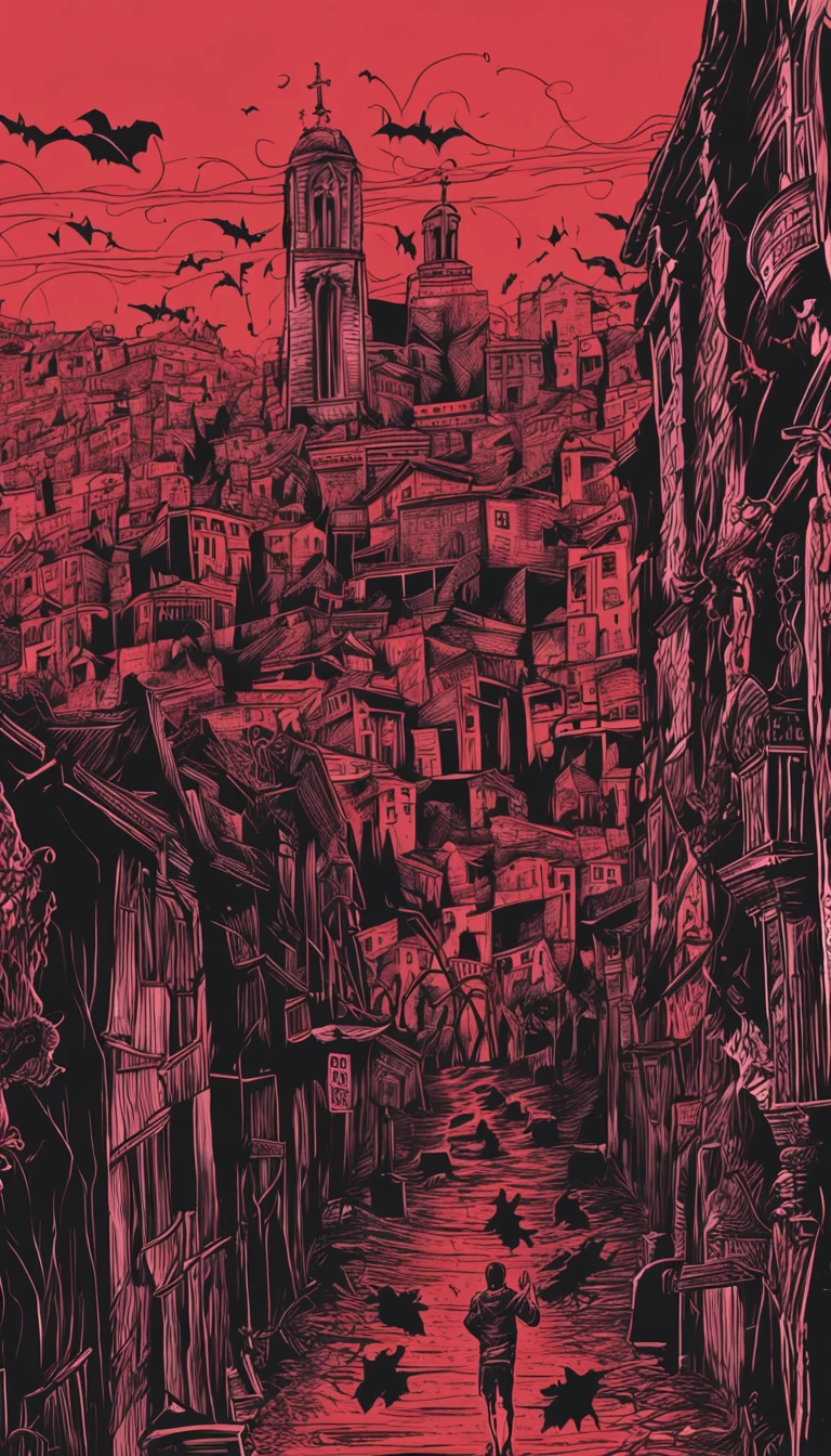 Vampiro em um casaco preto，olhos de cor vermelha，Bats fly around，red skies，Castelos