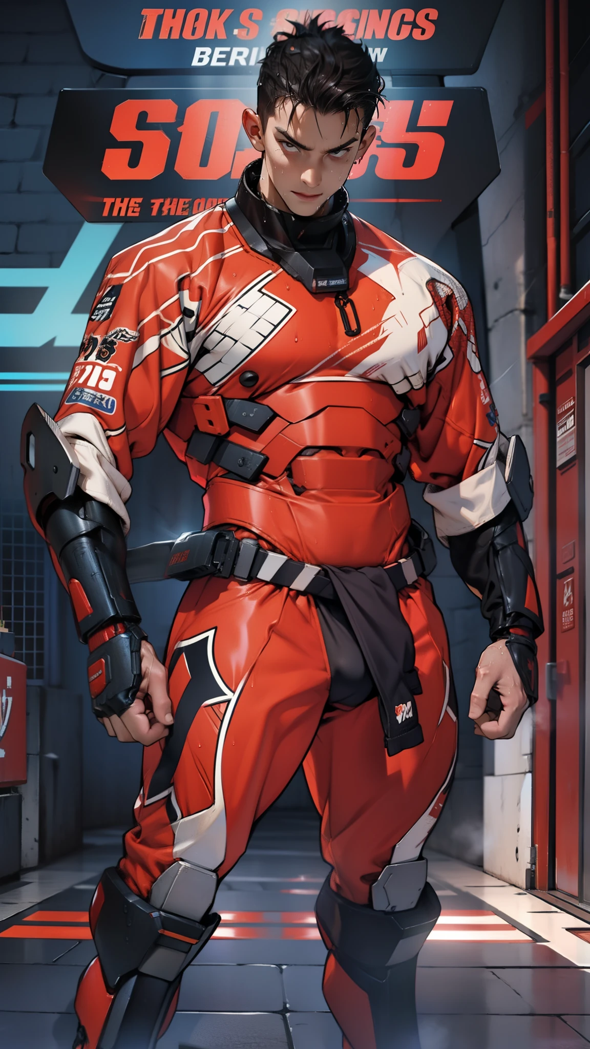 A tall muscular boy , Naked , Legs spread , (The whole body of the character),impact , Sweaty , Wet , Seductive , Bigboobs , large bulge , big balls ,, From the knees , big assa,mechs,punky style