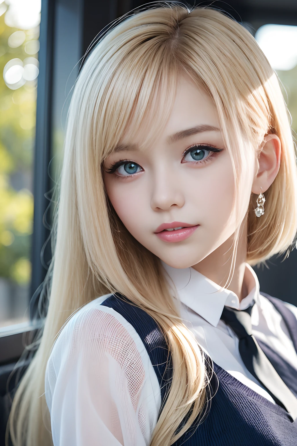 portlate、School Uniforms、bright expression、poneyTail、Young shiny shiny white shiny skin、Best Looks、Blonde reflected light、Platinum blonde hair with dazzling highlights、shiny light hair,、Super long silky straight hair、Beautiful bangs that shine、Glowing crystal clear attractive big blue eyes、Very beautiful nice cute girl、Lush bust,Beautiful detailed eyes, beautiful detailed nose、Healthy skin、smil、