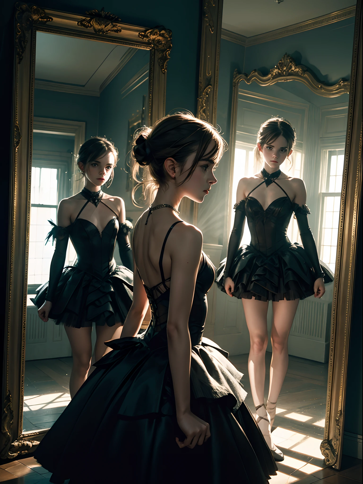 emma watson as a ballerina. inside dark studio. sitting. background mirrors. horror setting. distorted reflection on mirror. darkness. black swan setting. sharp focus. cinematic lighting. --s1000