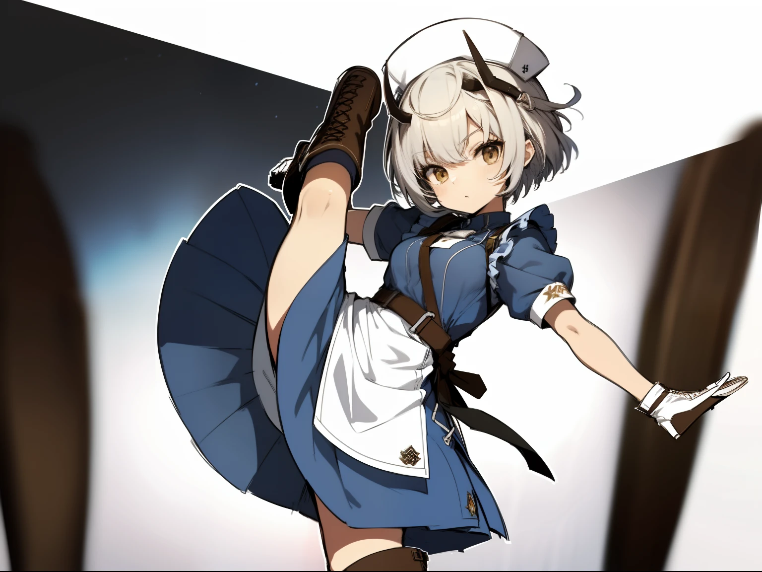 (Himlosena,11 years old,sketch,Highkick:1.2),anime colours,Flat color,,White hair, Short hair, gloves, Blue Dress, Apron, Nurse Cap, arm band, Horns,Dynamic Pose,Brown boots