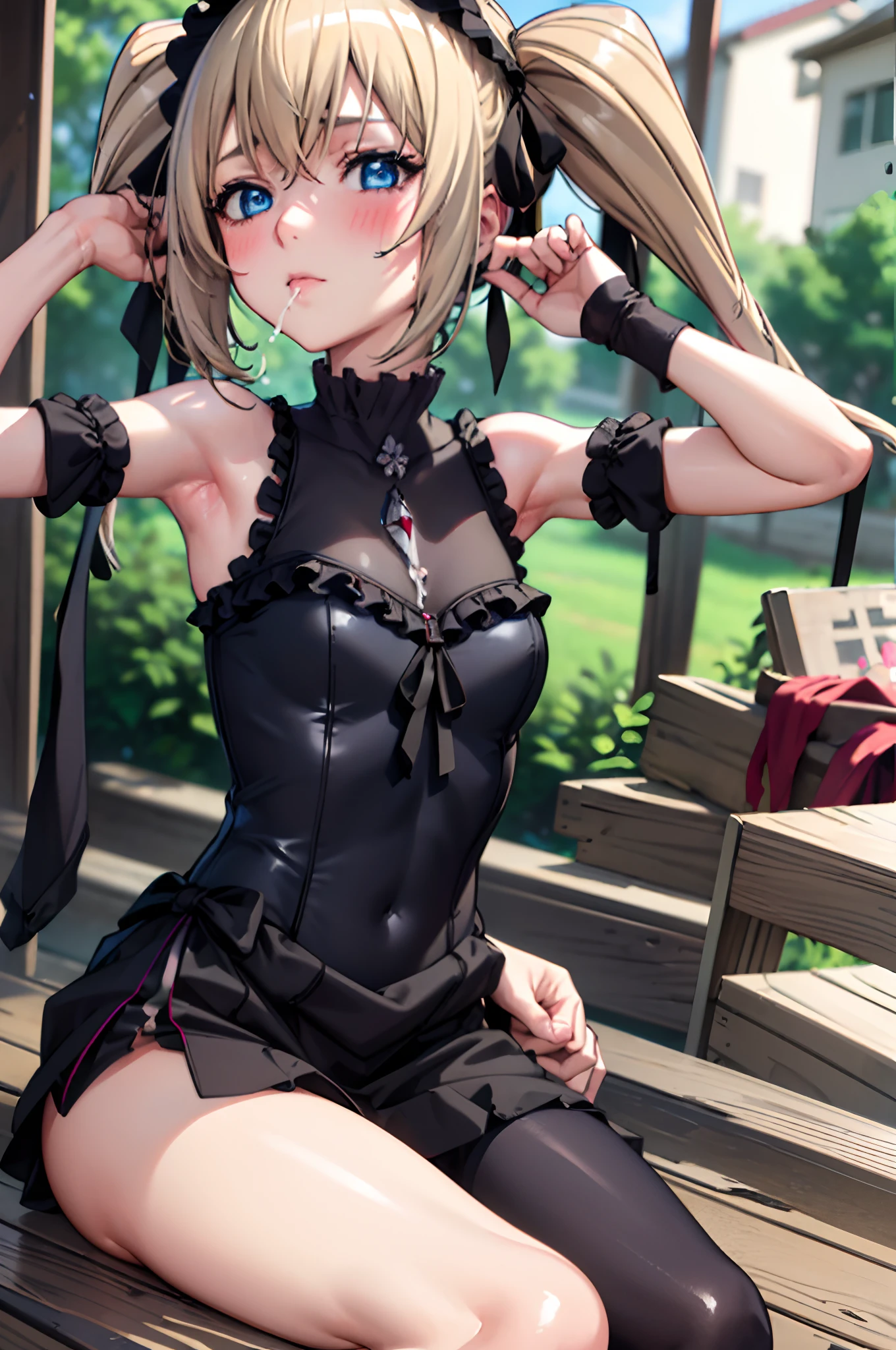 (best quality:1.1), (masterpiece:1.4), (absurdres:1.0), portrait, close-up,
1girl, ekaterina kurae,left hand up, showing armpits, cum(armpits) ,twintails, low-tied_long_hair, hair ends, very long hair, blonde hair, flat chest, blue eyes, black dress, maid headdress, neck ribbon, looking at viewer, outdoors, (blush:1.2), city, left hand up, armpits, mouth full of cum, sperm in whole body,