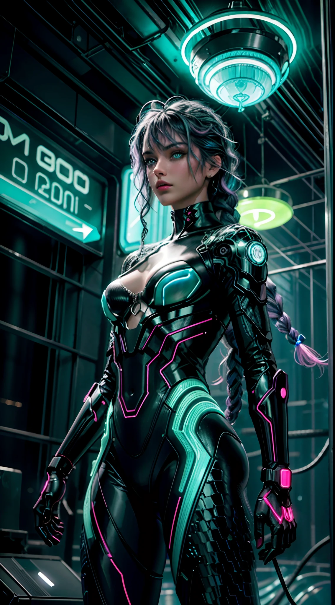 (master part, high resolution, photo-realistic:1.4), (long hair braid, Braided snakes, master part, best quality, alta qualidade, intrincado, Premiado) em um (neon-lit:1.4) CIDADE CYBERPUNK, em um (encharcado pela chuva:1.2) Rua, Medusa is a futuristic fashion icon, Mixture of bioengineered tissues and iridescent holographic scales, (neon roxo, Azul Neon:1.2), cabelos muito longos, reptile eyes, roxo neon, néem umzul, Metropolis, (Cinematic lighting, futuristic background:1.2), cowboy shot