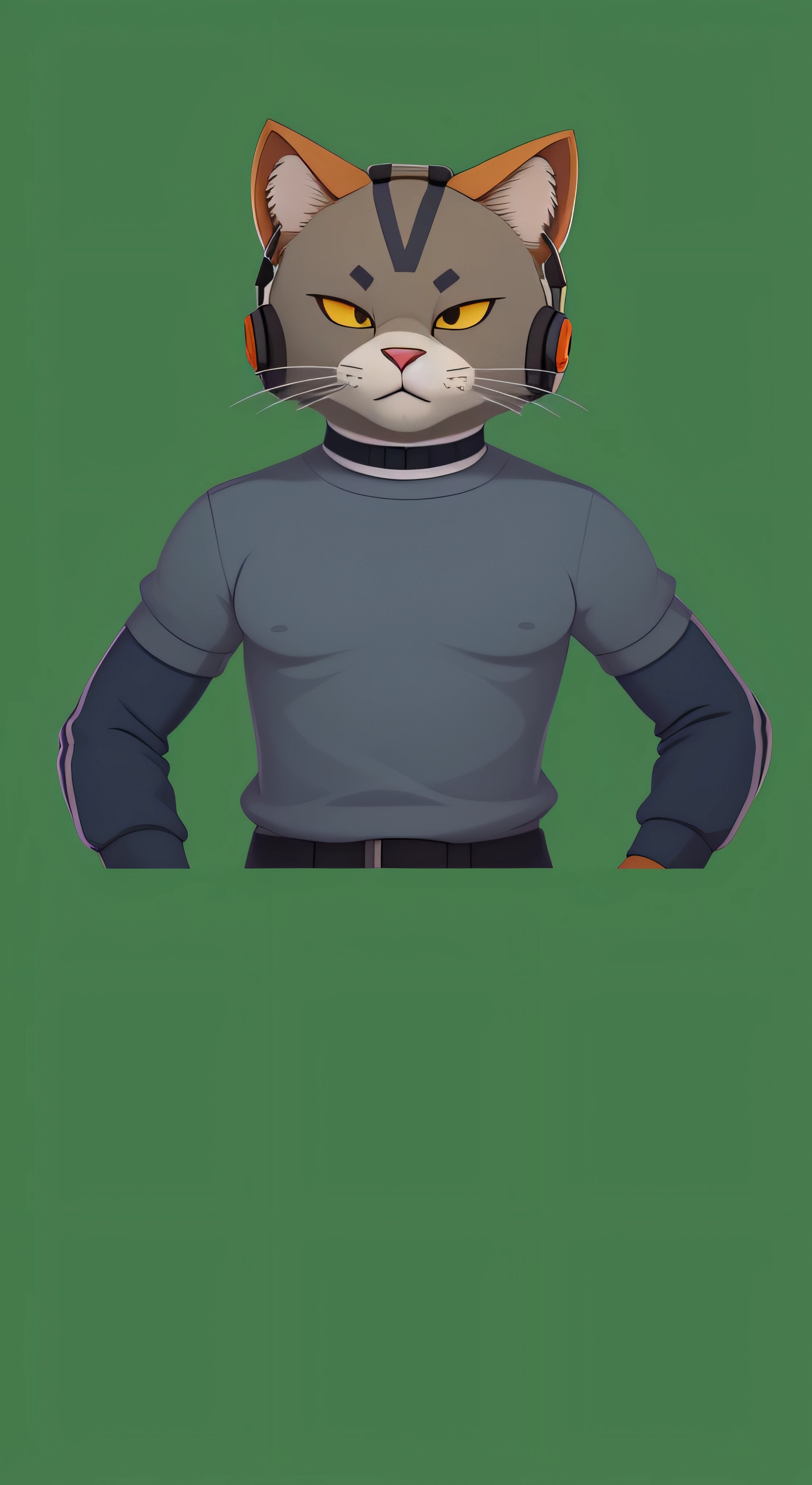 gato dos desenhos animados usando fones de ouvido e uma camisa cinza, generic furry style, mascote de corpo inteiro, sem linha, Retrato de personagem peludo, Criado no Adobe Illustrator, Rabbt_character, avatar da parte superior do corpo, 2 d render, Background Story(solid), retrato completo, zoomed out full body, Avatar do jogo 2D do corpo superior, retrato de corpo inteiro de um curto!, Retrato de corpo inteiro do personagem