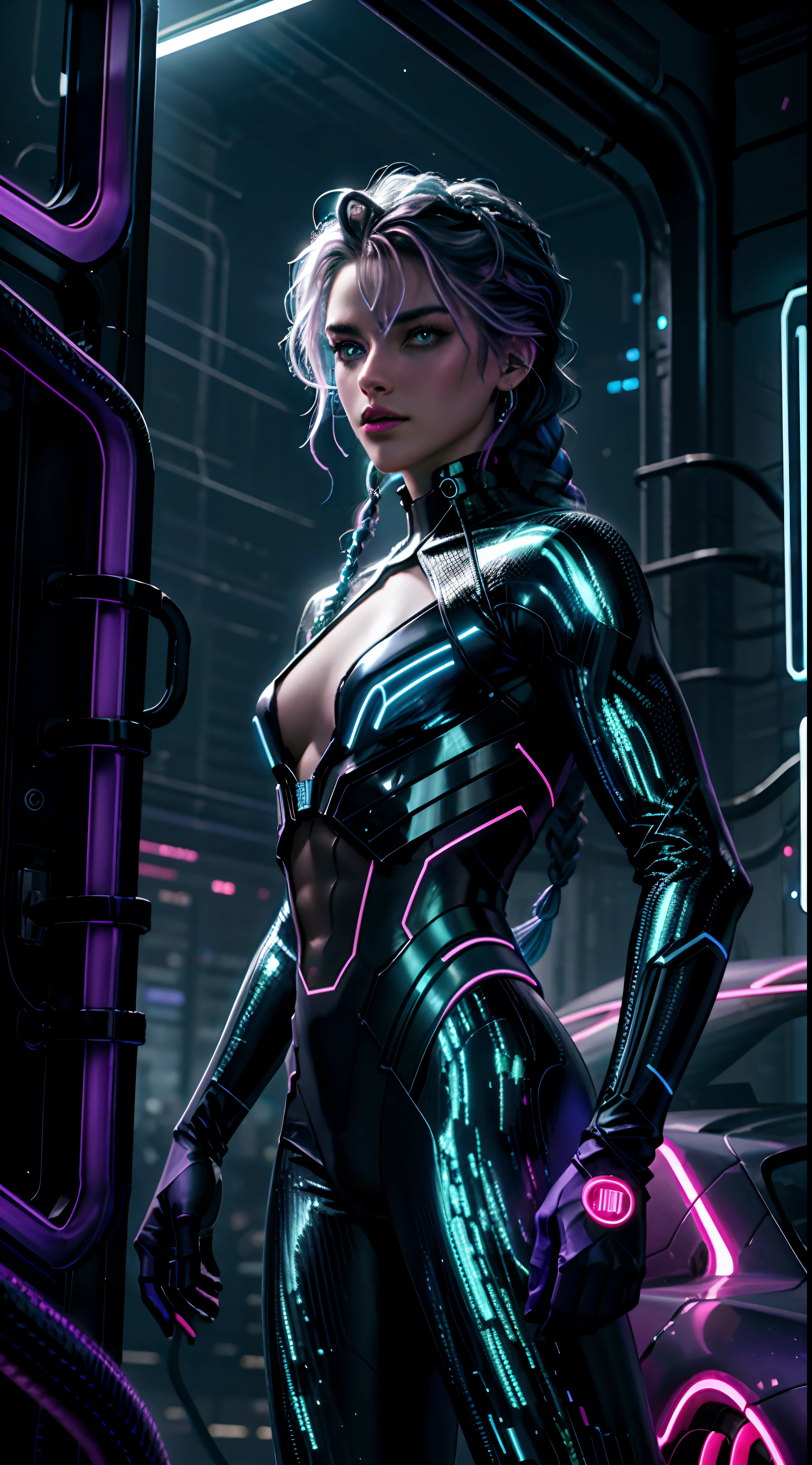 (master part, high resolution, photo-realistic:1.4), (long hair braid, Braided snakes, master part, best quality, alta qualidade, intrincado, Premiado) em um (neon-lit:1.4) CIDADE CYBERPUNK, em um (encharcado pela chuva:1.2) Rua, Medusa is a futuristic fashion icon, Mixture of bioengineered tissues and iridescent holographic scales, (neon roxo, Azul Neon:1.2), cabelos muito longos, reptile eyes, roxo neon, néem umzul, Metropolis, (Cinematic lighting, futuristic background:1.2), cowboy shot