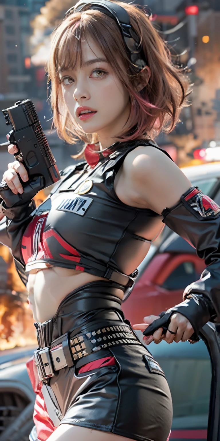 (Photorealistic, Ultra High Definition), ((close up:1, looking at viewer)), Soft light,1 police lady, Night City, (Detailed face), (Pink coiffed short-Hair: 1.3), (cloths color base on silver black pink red white), Futuristic Racing Suits, Police costume like Streetwear, police badge, High-Tech Headset, black army belt, racing gloves, hot pants or low miniskirts, holding a handgun, "POLICE", ((Background crashed cars, burning car, fire background, Explosions, Running Audience)),