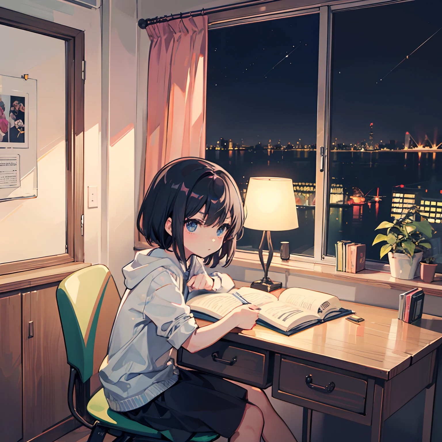 Cute little girl s Studying Serious face on desk inside in room by night murky