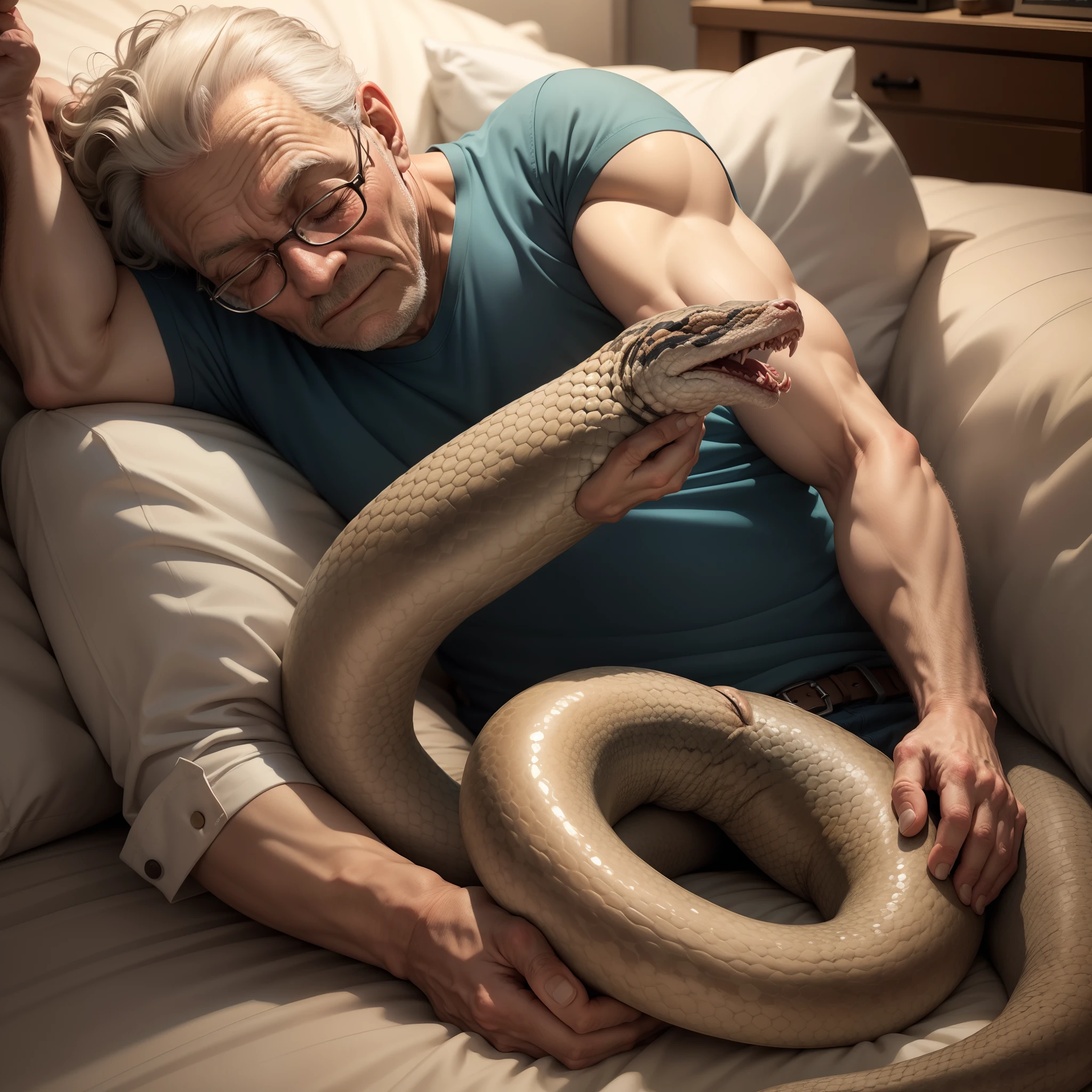 Old man sleep with a snake