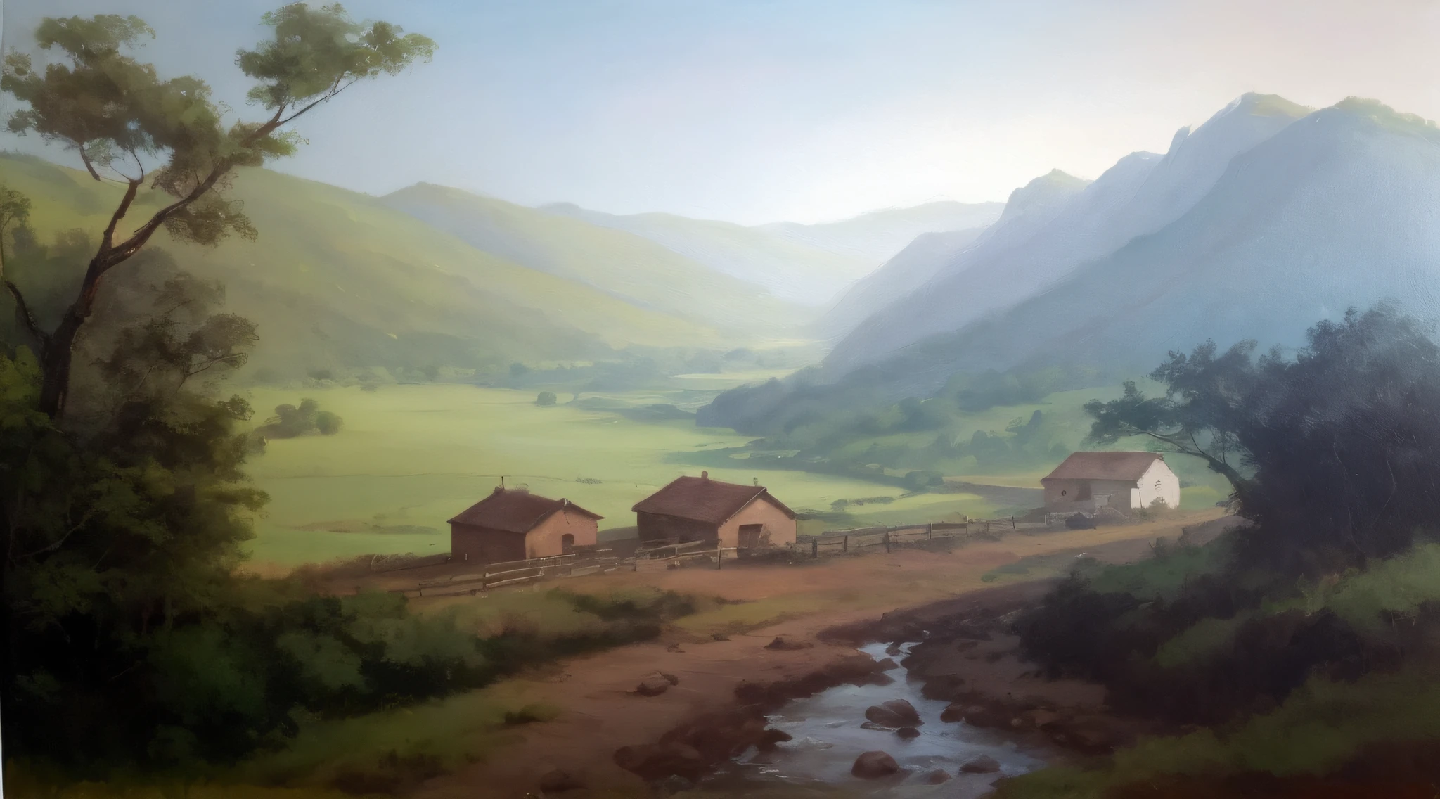 painting of a landscape with a river and a village,super realistic