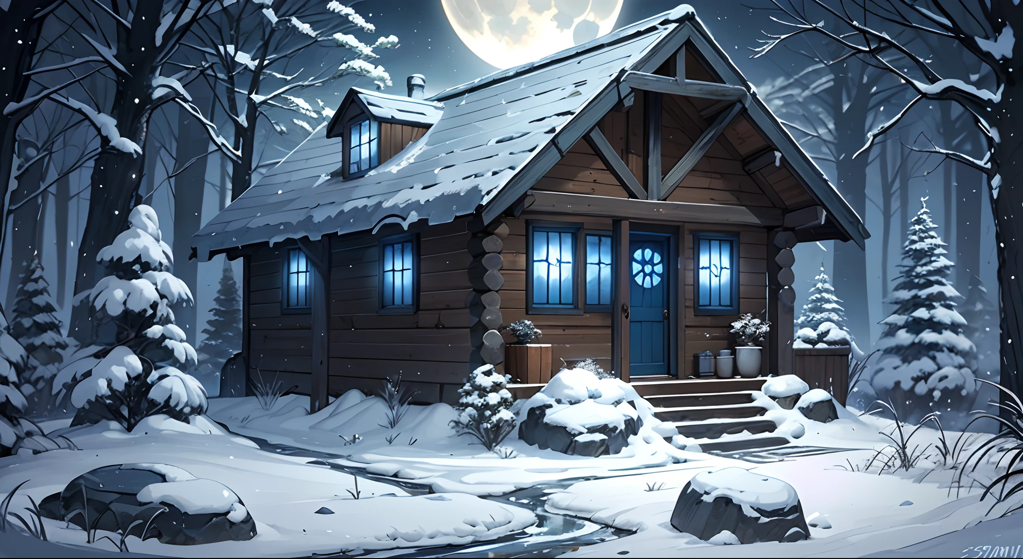 Selene's cabin has stone walls dyed a soft blue with accents in dark blue like the darkest night and carvings of wolf packs and moons all over its outer face. --auto --s2