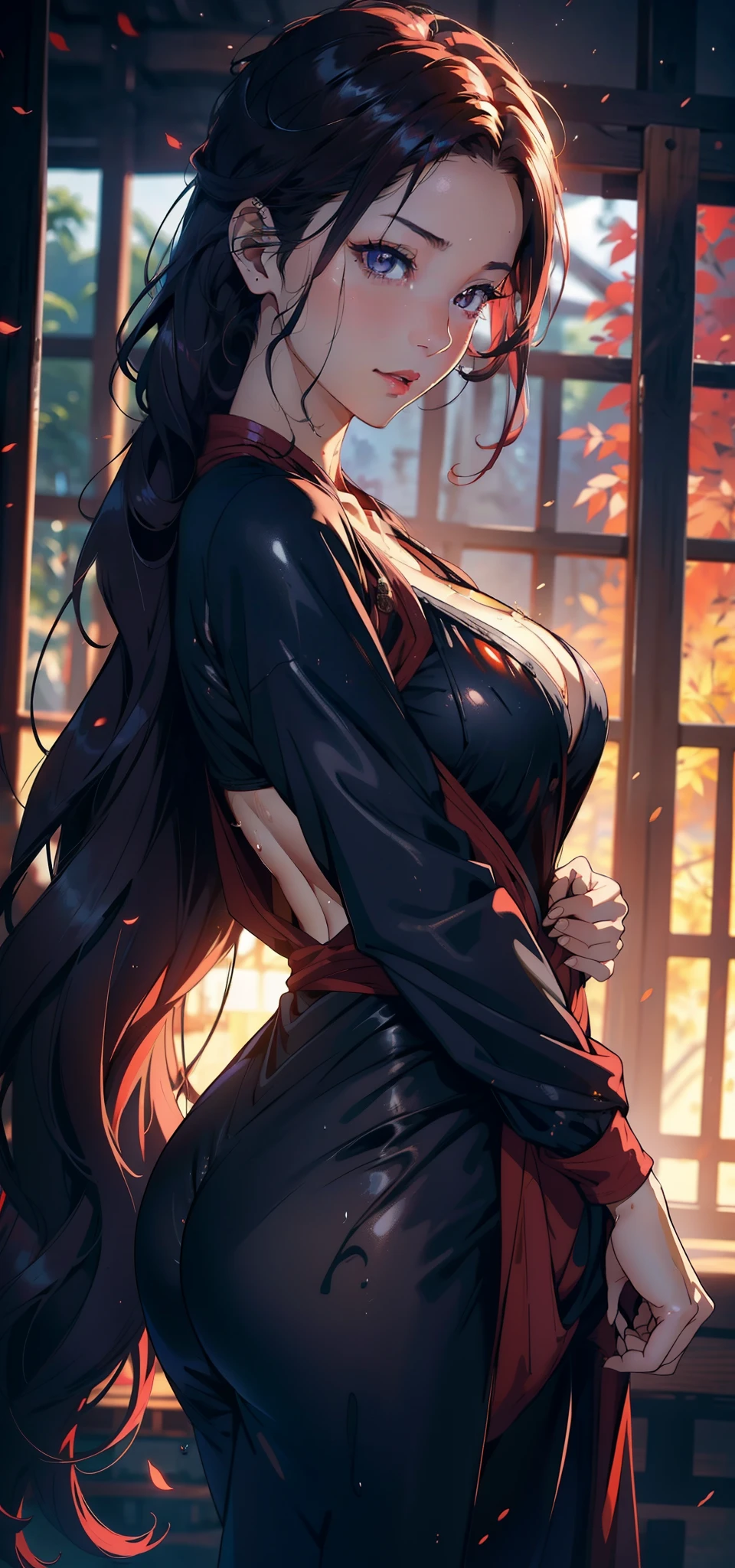 1female，35yo，熟妇，Large breasts，Pornographic exposure， 独奏，（Background with：ln the forest，the rainforest，in summer） She has long purple-red hair，standing on your feet，Sweat profusely，drenched all over the body，seen from the front， curlies， mostly cloudy sky，（（（tmasterpiece），（Very detailed CG unity 8K wallpaper），best qualtiy，cinmatic lighting，detailed back ground，beatiful detailed eyes，Bright pupils，（Very fine and beautiful），（Beautiful and detailed eye description），ultra - detailed，tmasterpiece，）），facing at camera，A high resolution，ultra - detailed），，revealing breasts，Bare genitalia， Bulge，Camel toes，Raised sexy，Flushed complexion，Open-mouthed，frontage，warrior（Wearing：Loose shirt，Black jumpsuits，Red cape）nakeness，high-heels