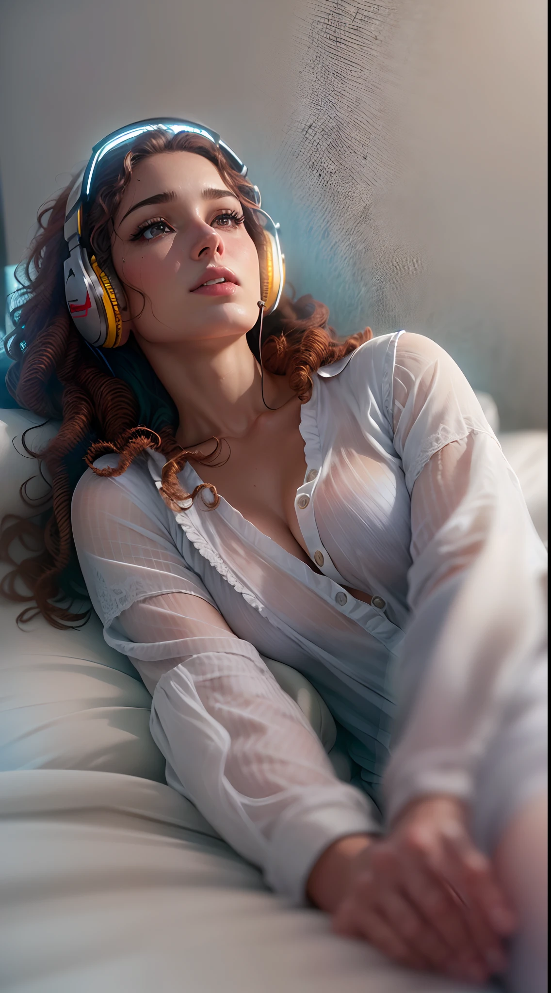 (((masterpiece))) , ((ultra realistic )), ((ultra realism )) , ((HDR )), ((4k definition )), tall woman ((extremely realistic)), 20s, body healthy (realistic), medium breast (ultra realistic), ((ultra lighting)), colorful cyber clothes ((realistic)) , ((photorealistic )) , ((no panties )) , ((4k realistic )), WHITE SKIN Slightly WET ((ultra realistic )), long red curly hair ((ultra realistic )) , SEXY CYBER CLOTHES ((ultra realistic 4K)), in bed , lying down (( realistic , with headphones on (( super realistic )) , ((4k resolution)) , legs apart lying on the bed ((ultra realistic)) , (( hdr )), seductive scene ((ultra realistic)) , performing a provocative scene , ((ultra resolution)) , ((8k ) ), latin woman