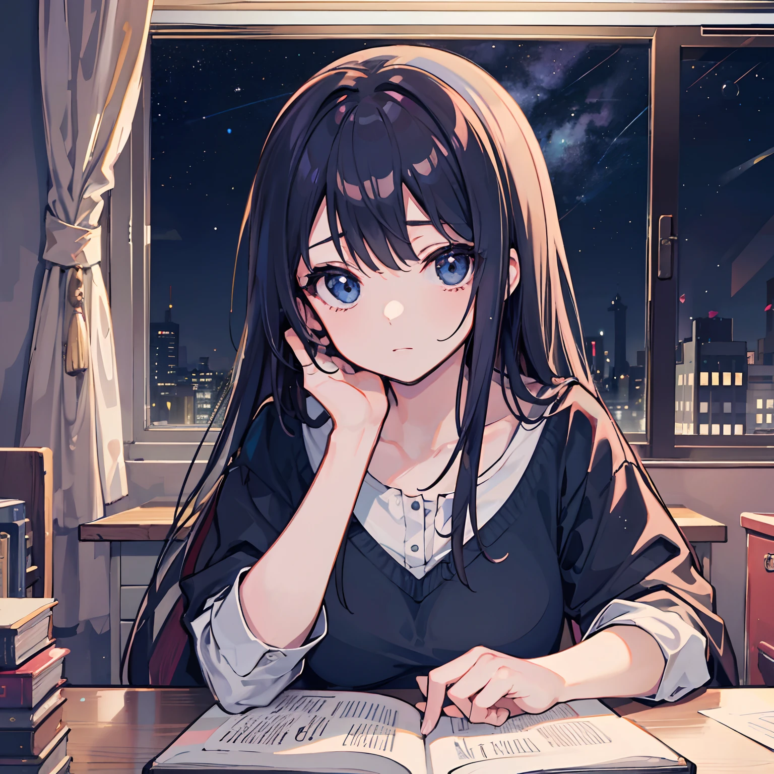 anime、One Girl、think、refer to、arm、camisole、chest、Baby Face、Computer work、Window、Night view、Late Night、cute、An illustration