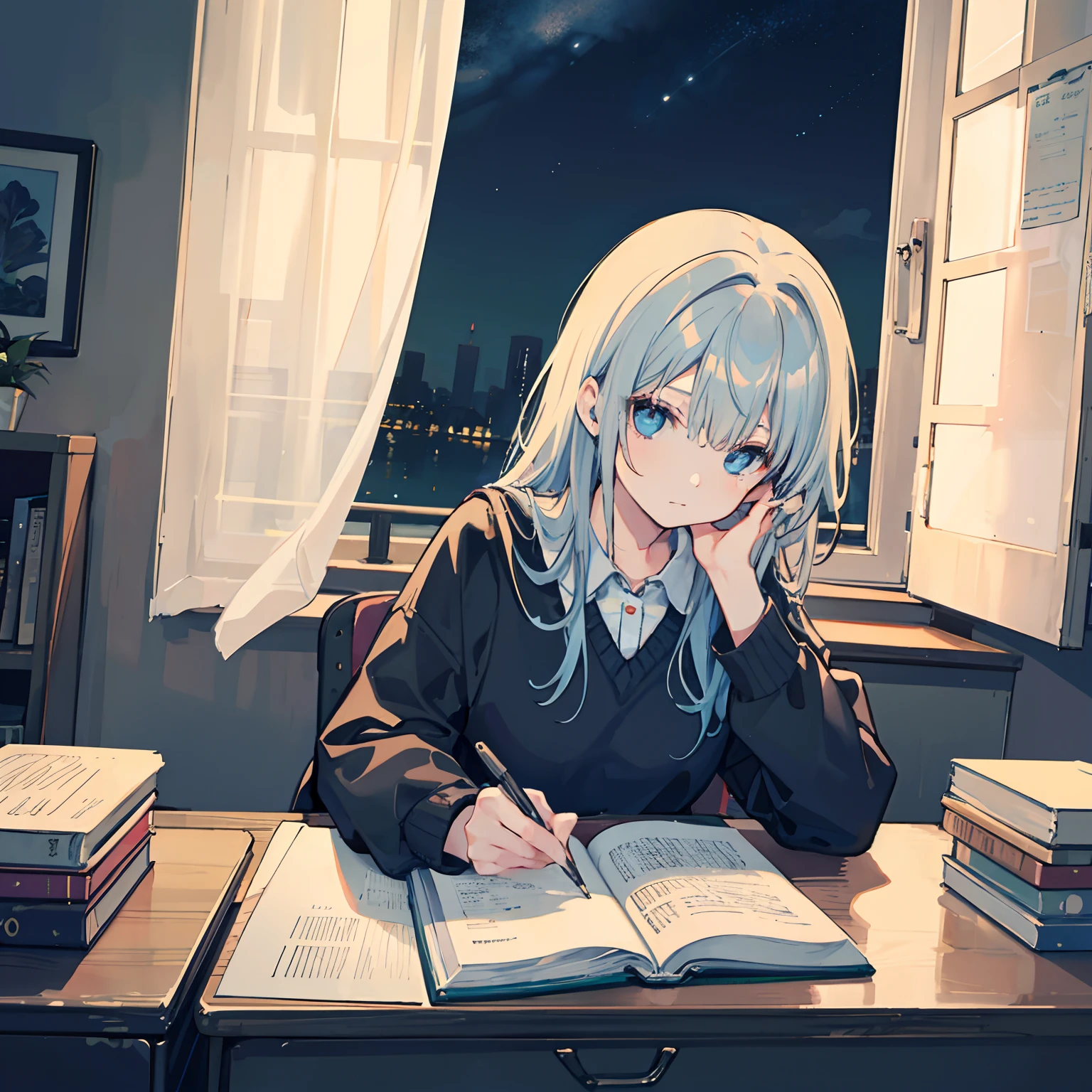 Beautiful woman　Studying　Focused face　on desk　inside in room　by night　murky　Starry sky view　Test Preparation