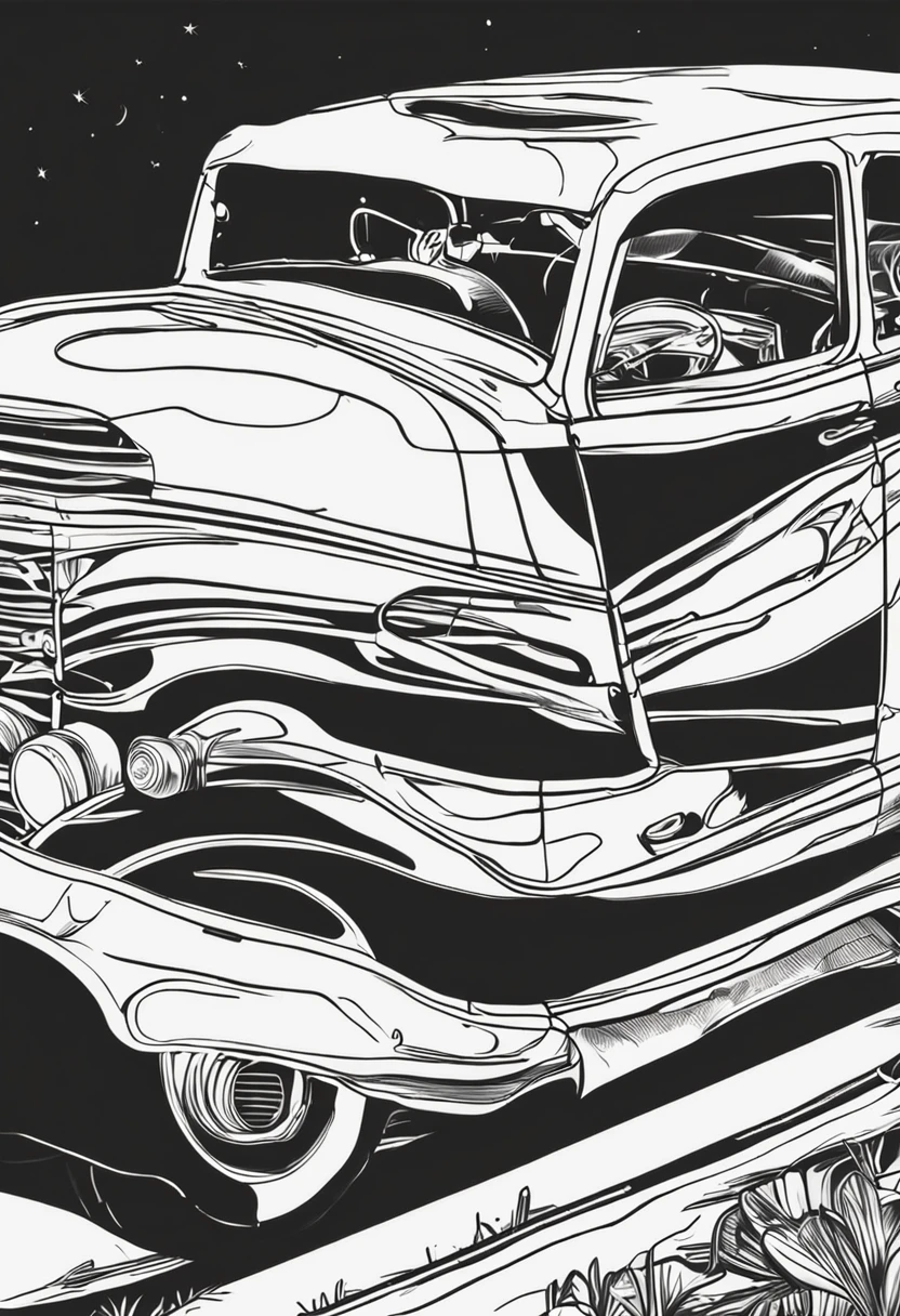 Use the image above to create an illustration of vintage black and white cars with straight lines and a look similar to a children's coloring book page. Make sure there is no noise and that the lines are thick and sharp like contour art. Change the aspect ratio to 2:3 e foco em um quadro vertical da imagem