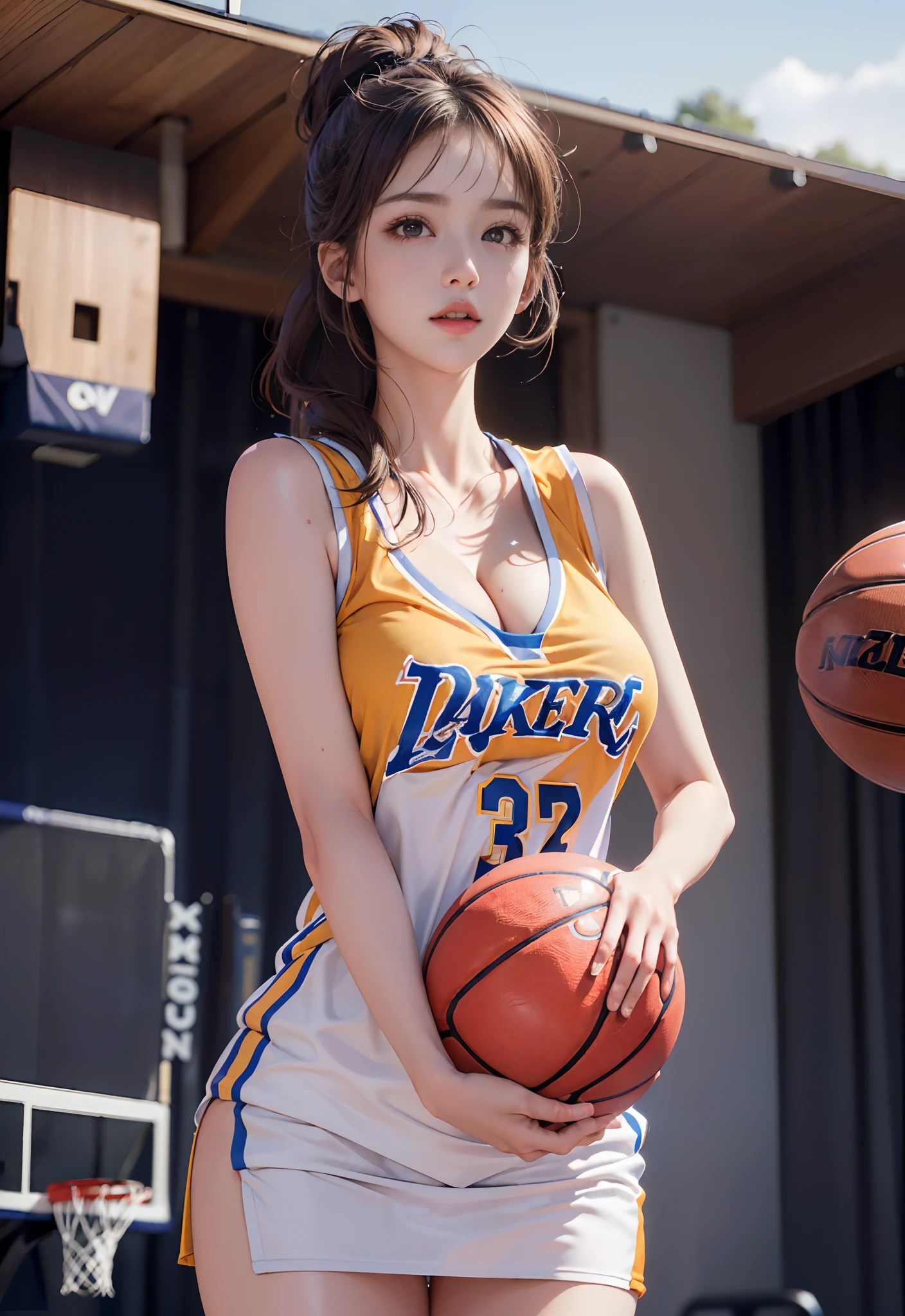 (8k, RAW photo, best quality, masterpiece:1.2), (realistic, photo-realistic:1.4), illustration, highres,hexagon,(1girl), gorgeous, rough skin, (oval face:1.1), professional lighting, photon mapping, radiosity, physically-based rendering, cute,
wear basketball uniform, large breast, ((cleavage)), at  basketball court, pureerosface_v1:0.3