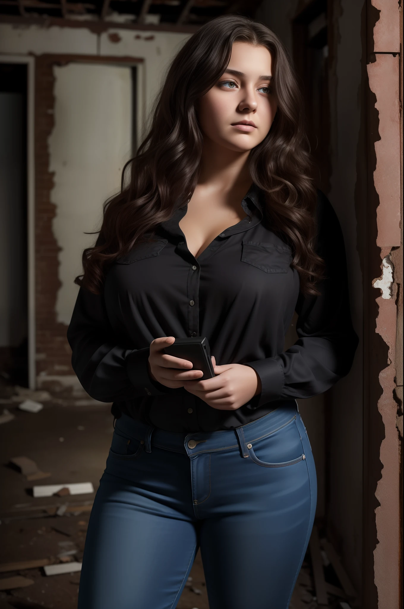 Ultra-realistic 8K image of a 22-year-old ugly woman with long, wavy hair, chubby, dressed in a black blouse and jeans, standing in an old abandoned house with moldy walls; holding a k2 device, night, expression of annoyance