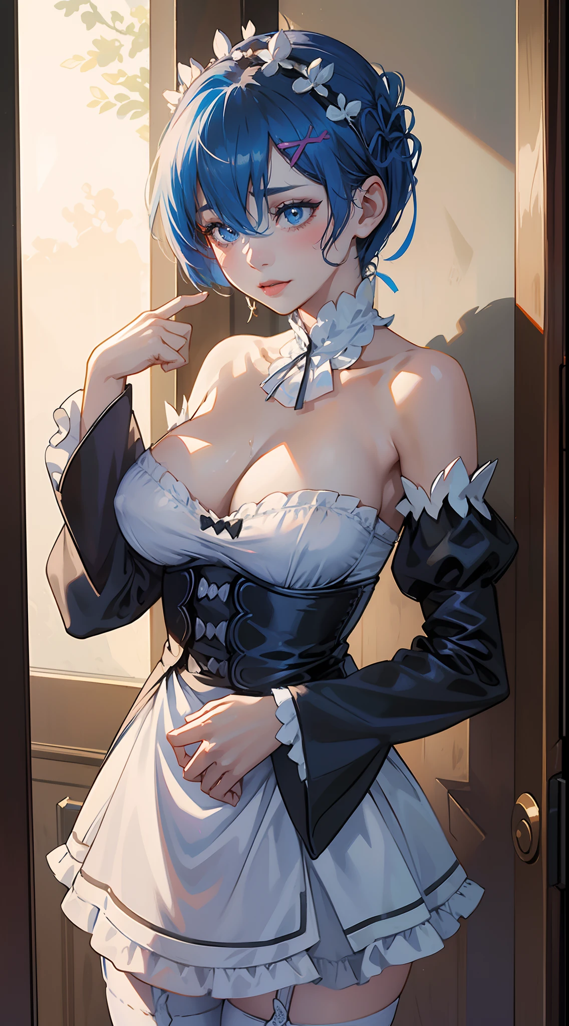 (masterpiece), ((best quality)), ((realistic)), , incredibly_absurdres, 1girl,a matural female，re:zero,Rem,Avatar only，only Face，solo，：d,tall nose bridge，large nose，Delicate makeup，Perfect look， Bare shoulders，Delicate collarbones，cleavage，huge tit，rolling eyes, blush, tongue out, drooling, saliva, blue hair, blue eyes, wet,Off-the-shoulder attire，Strapless clothing，Above the chest，the maid outfit，Black suspender stockings，Stand up，on the room，Close the door，dramatic lights，On-site service，three sided view,